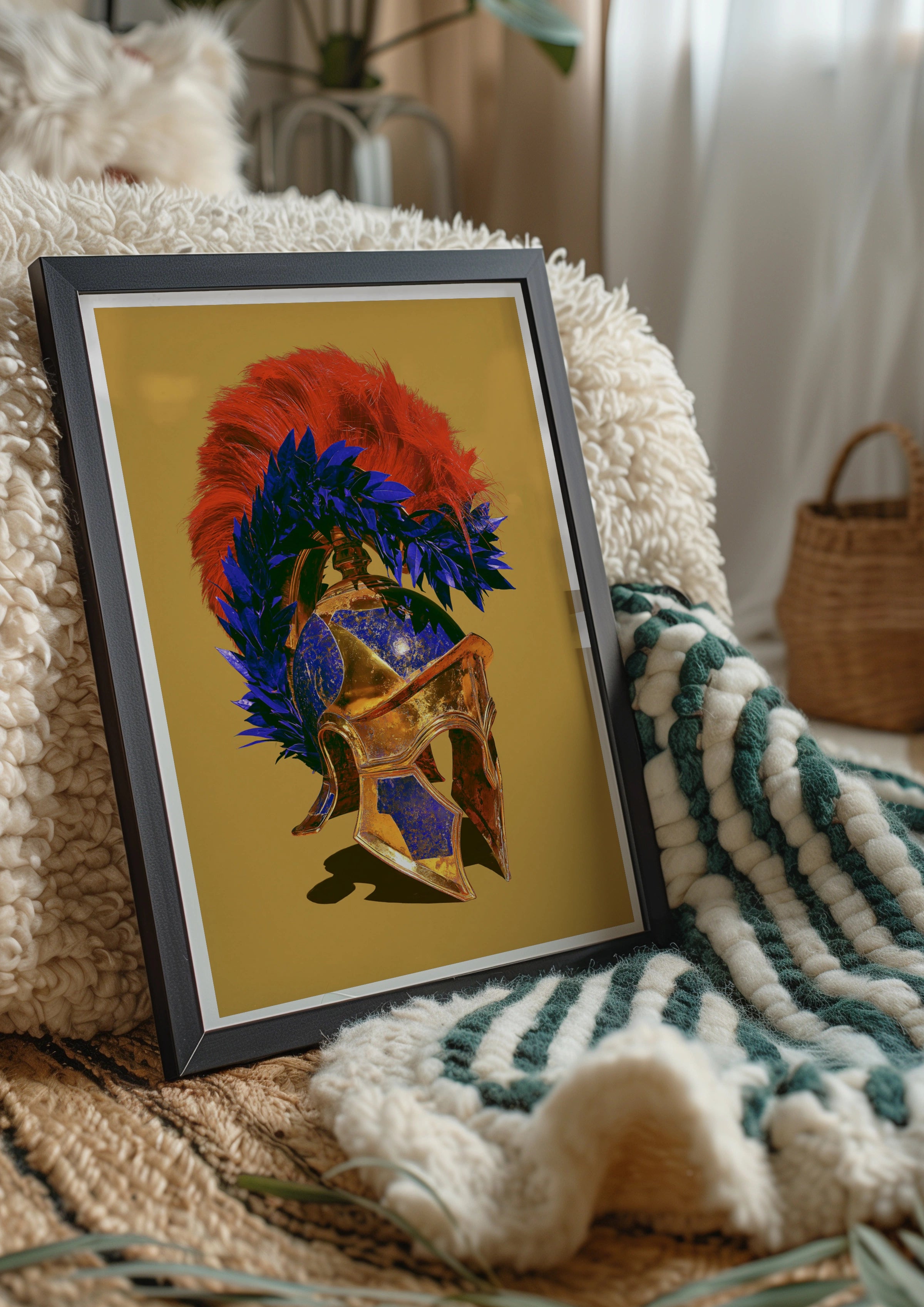 Greek Helmet Poster, Ancient Spartan Warrior Art, Bold Gold Blue Red Print