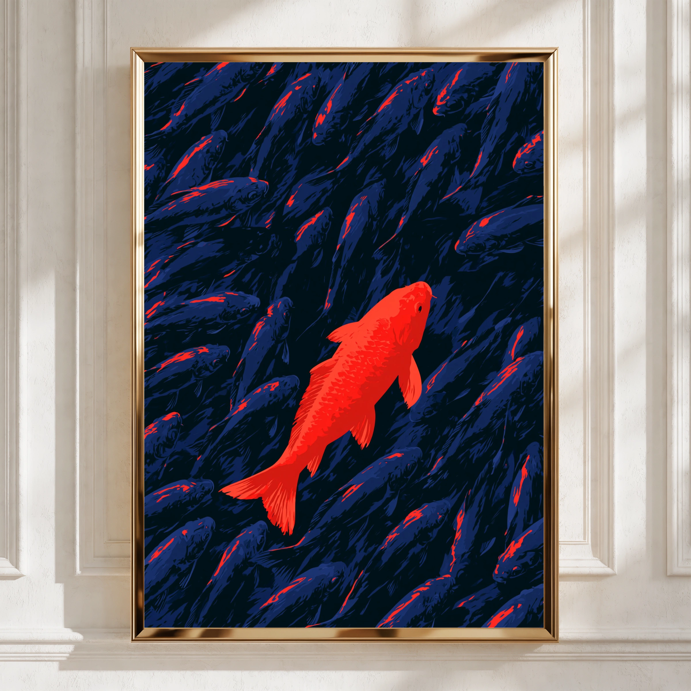 Red Koi Fish Poster, Stand Out Art Print, Bold Navy Blue Illustration