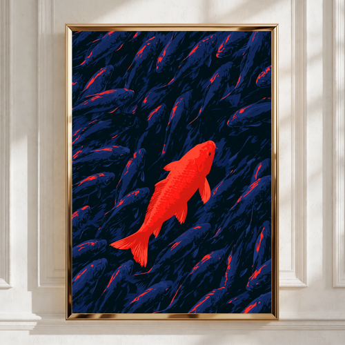 Red Koi Fish Poster, Stand Out Art Print, Bold Navy Blue Illustration