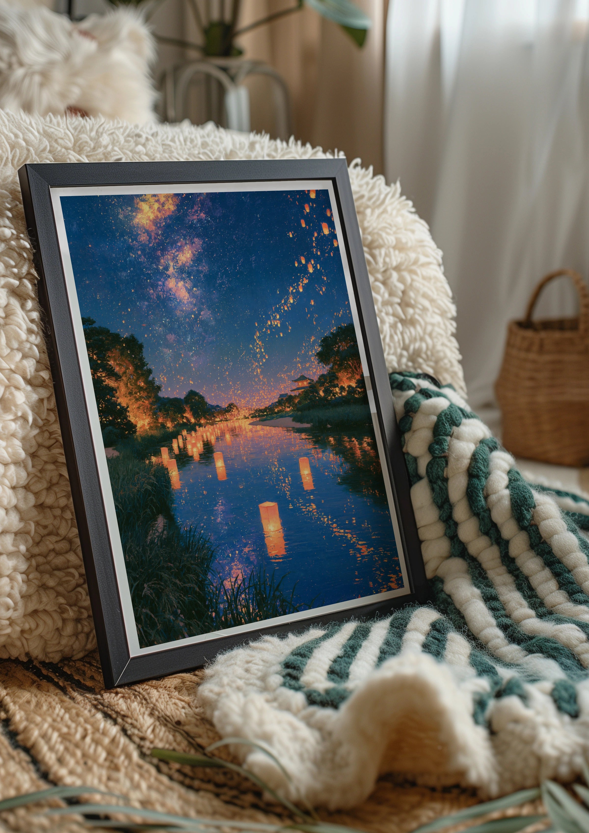 Lantern Festival Water Reflection Poster, Sky Lanterns Night Scene, Asian Art Print