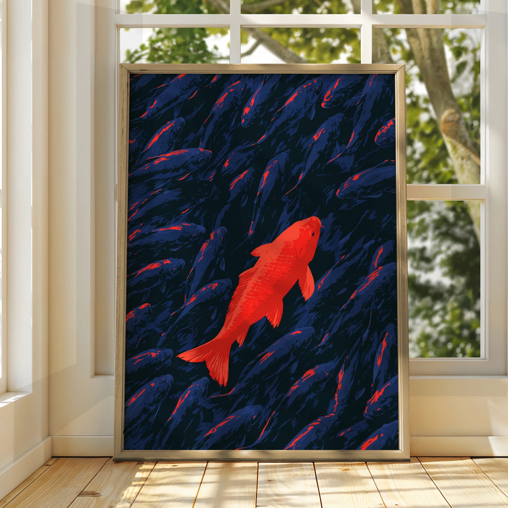 Red Koi Fish Poster, Stand Out Art Print, Bold Navy Blue Illustration
