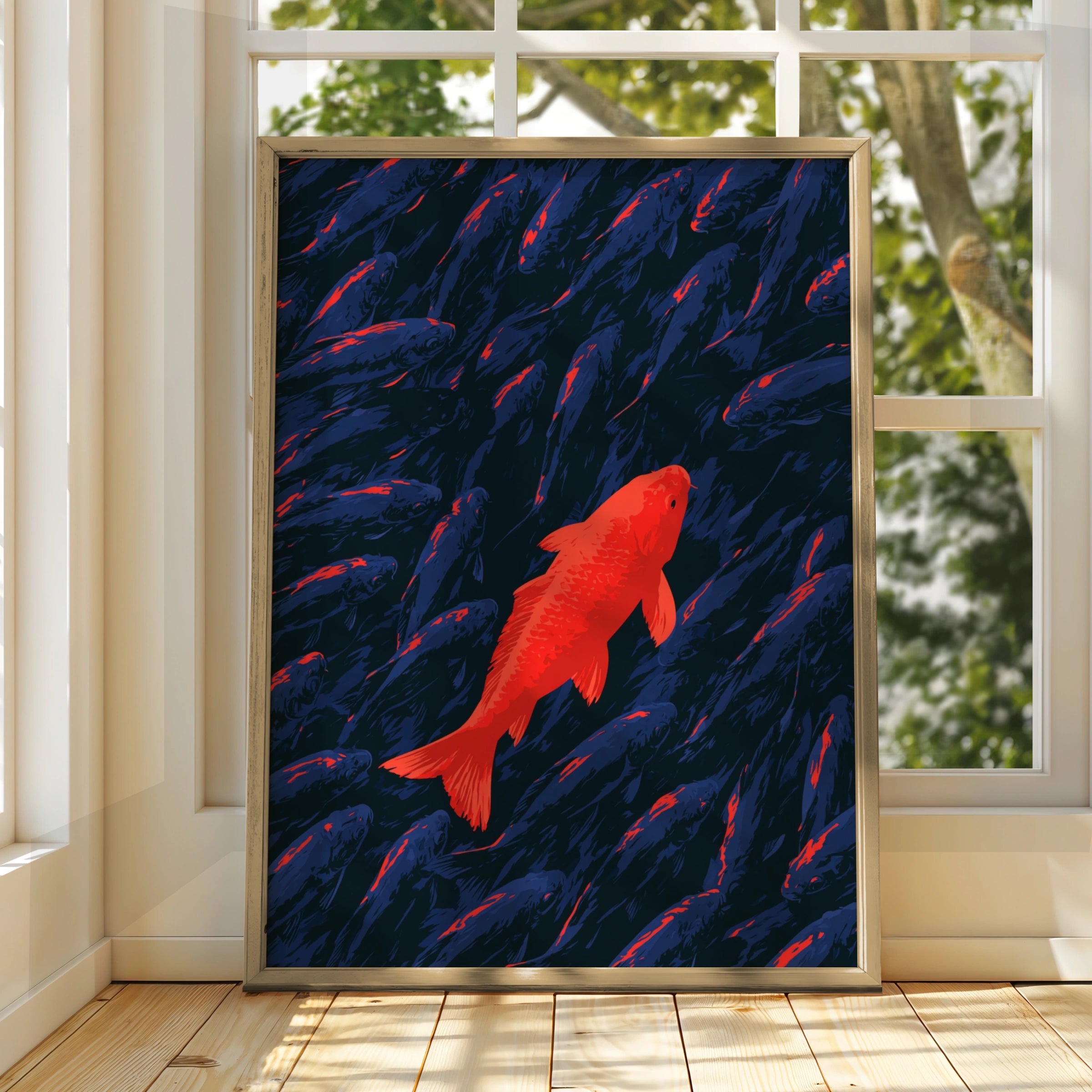 Red Koi Fish Poster, Stand Out Art Print, Bold Navy Blue Illustration