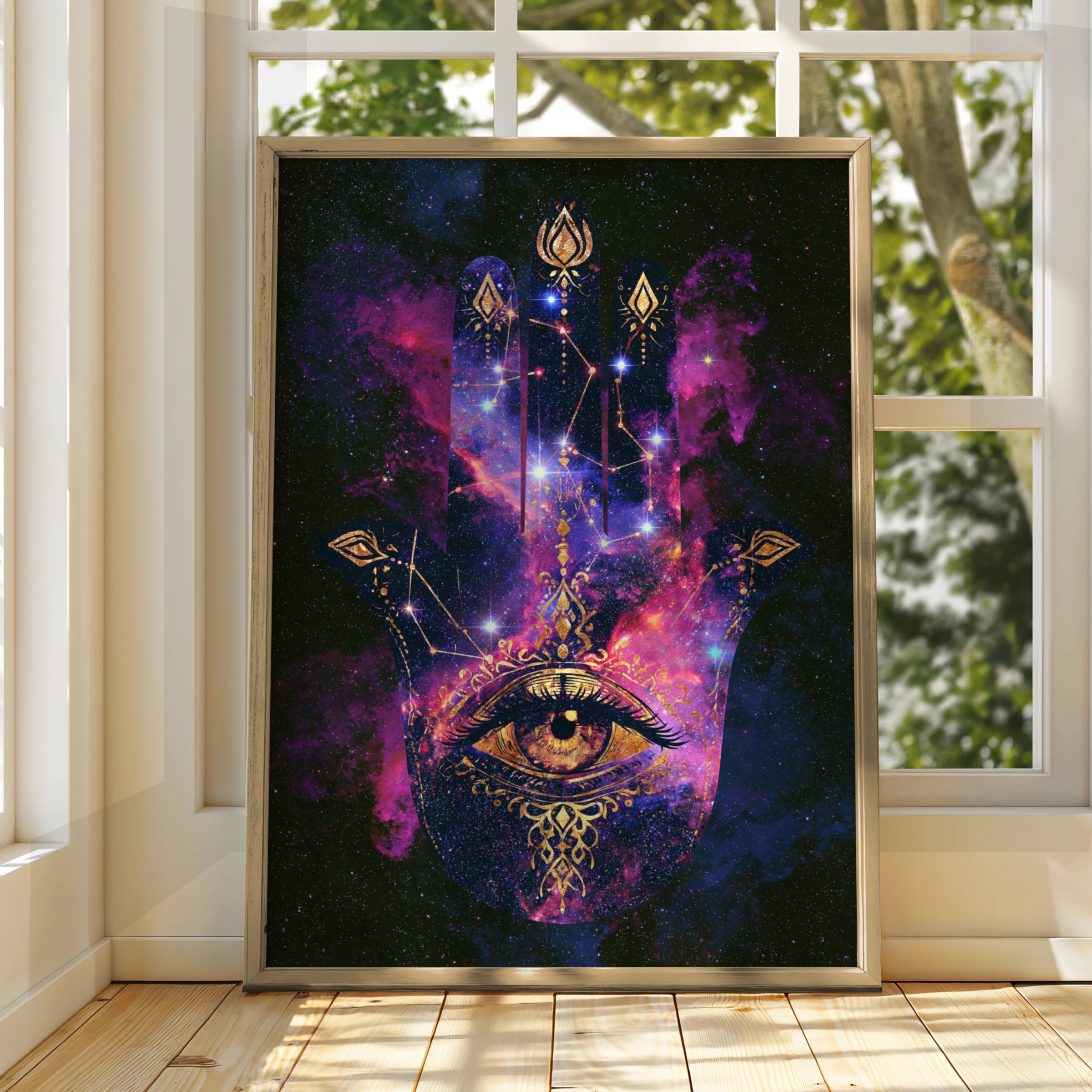 Hamsa Hand Cosmic Galaxy Poster, All-Seeing Eye, Spiritual Wall Art