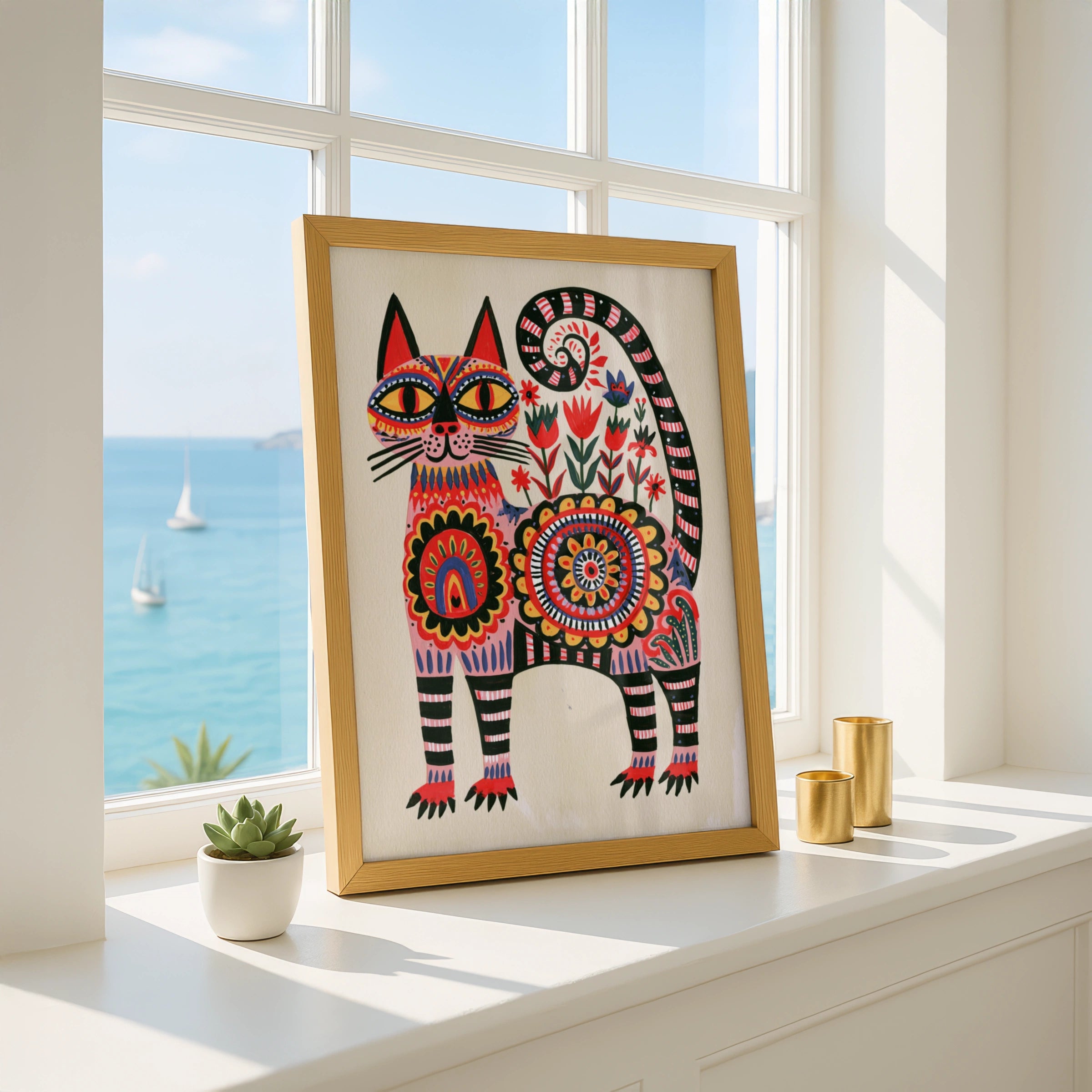 Folk Art Cat Poster, Abstract Floral Feline Print, Pink Boho Wall Art