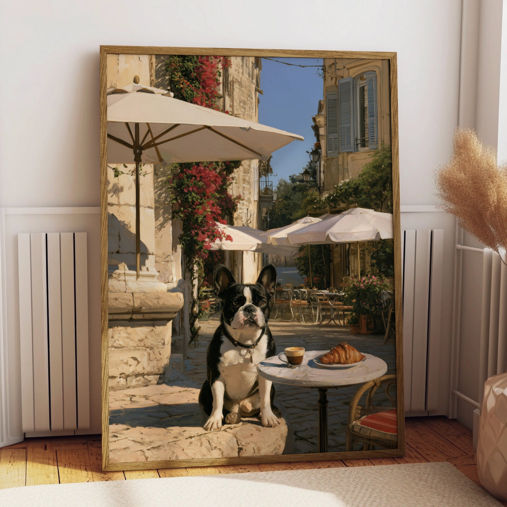 French Bulldog Cafe Poster, Paris Street Scene, Croissant Wall Art Print