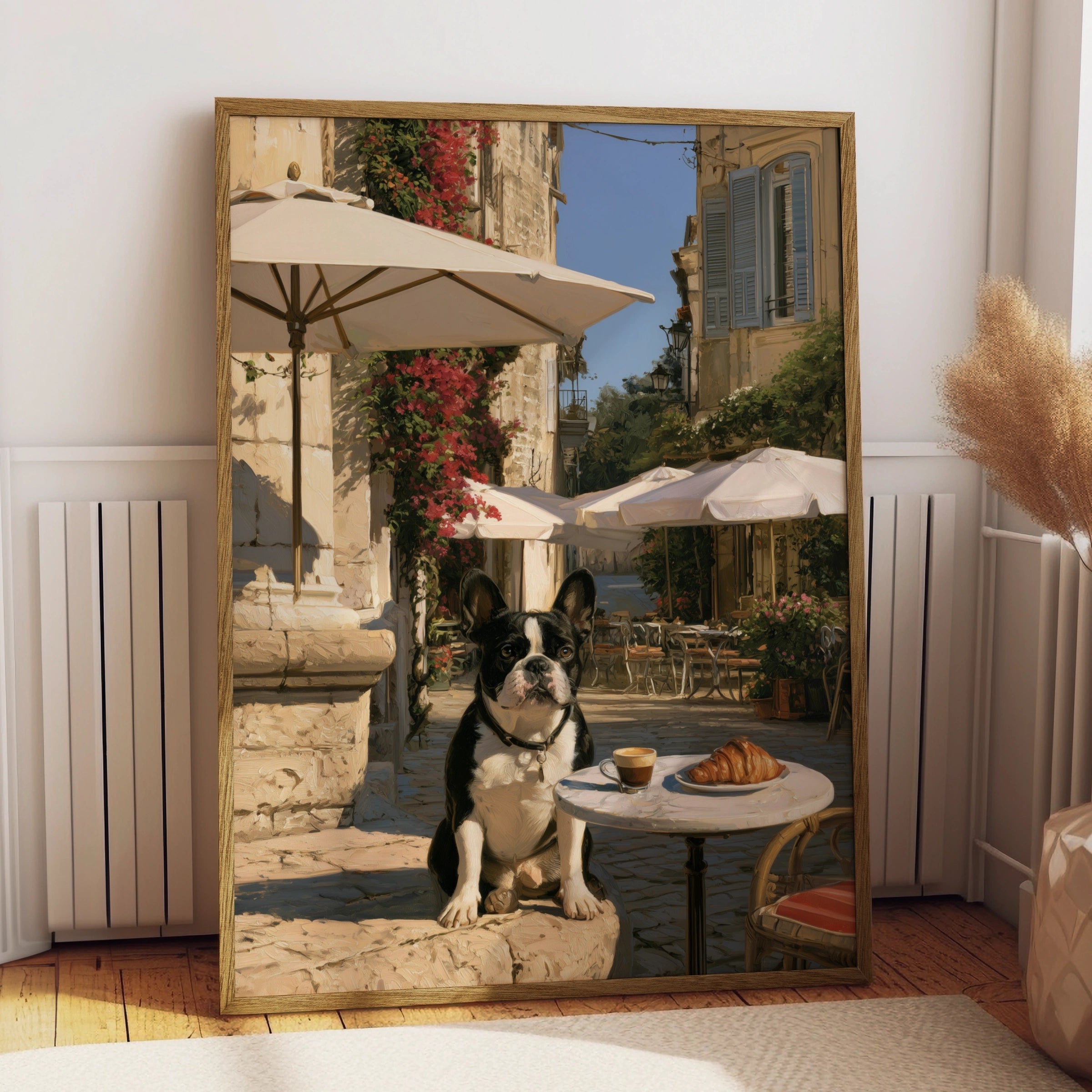 French Bulldog Cafe Poster, Paris Street Scene, Croissant Wall Art Print
