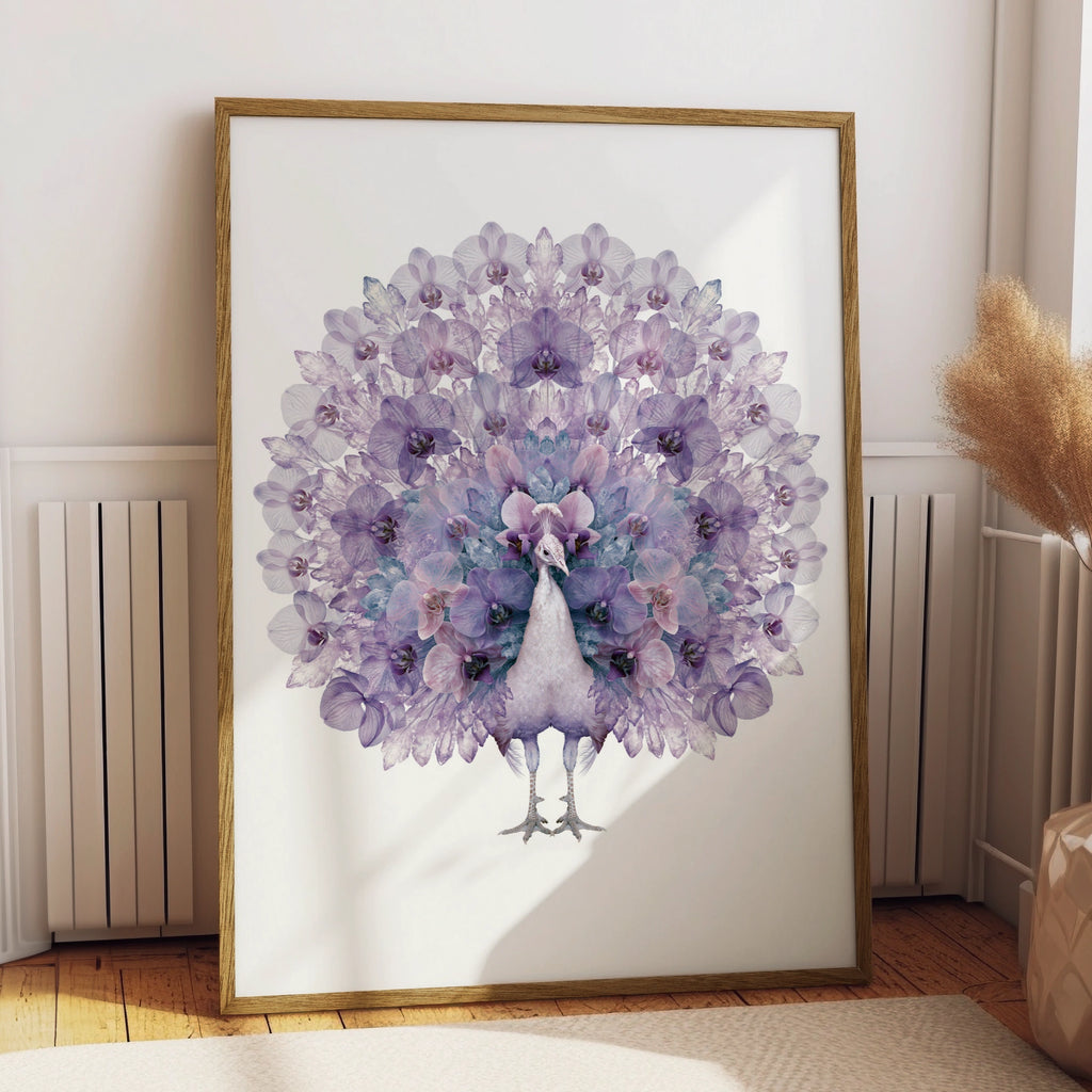 Purple Peacock Floral Poster, Orchid Crystal Fan Art Print, Botanical Bird Wall Art