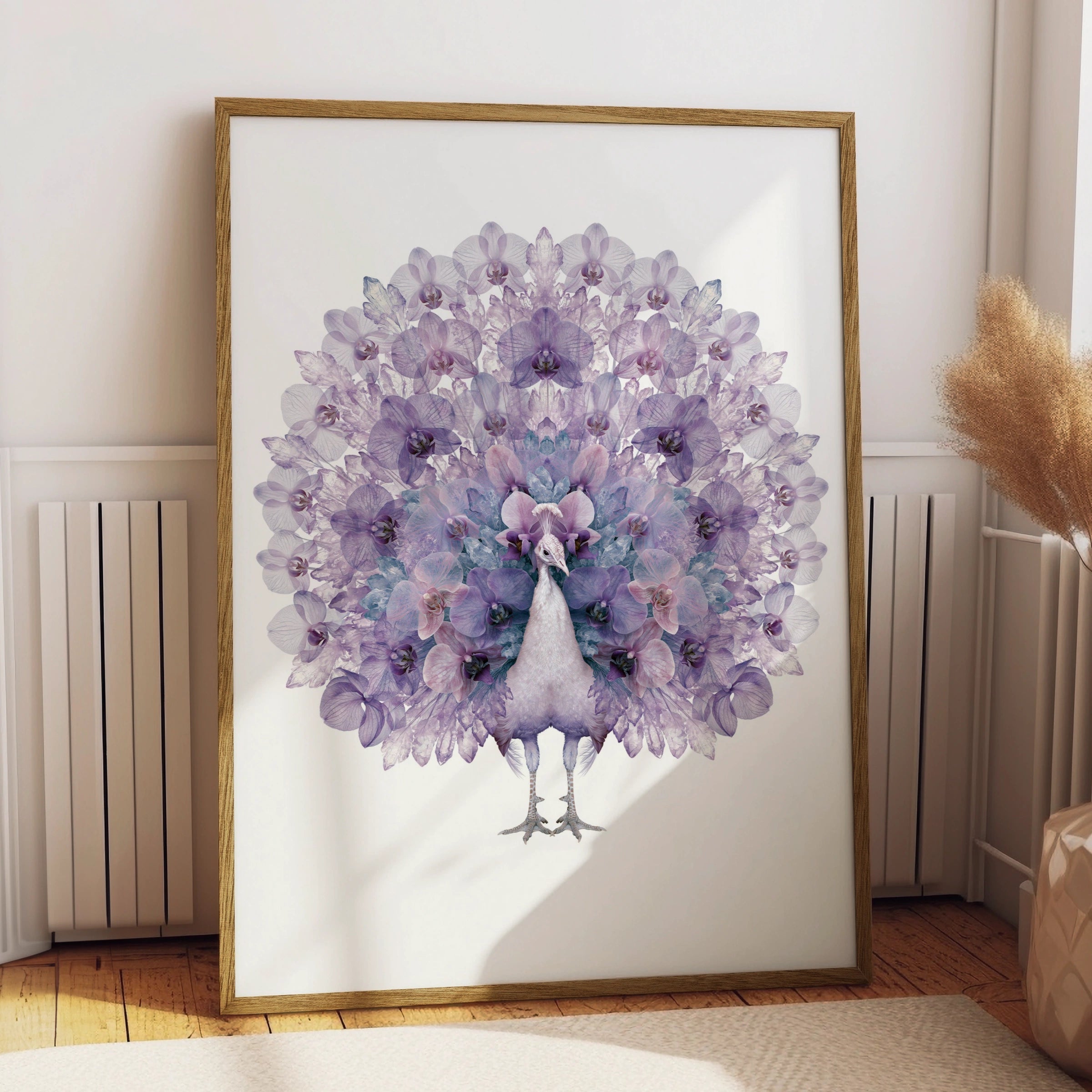 Purple Peacock Floral Poster, Orchid Crystal Fan Art Print, Botanical Bird Wall Art