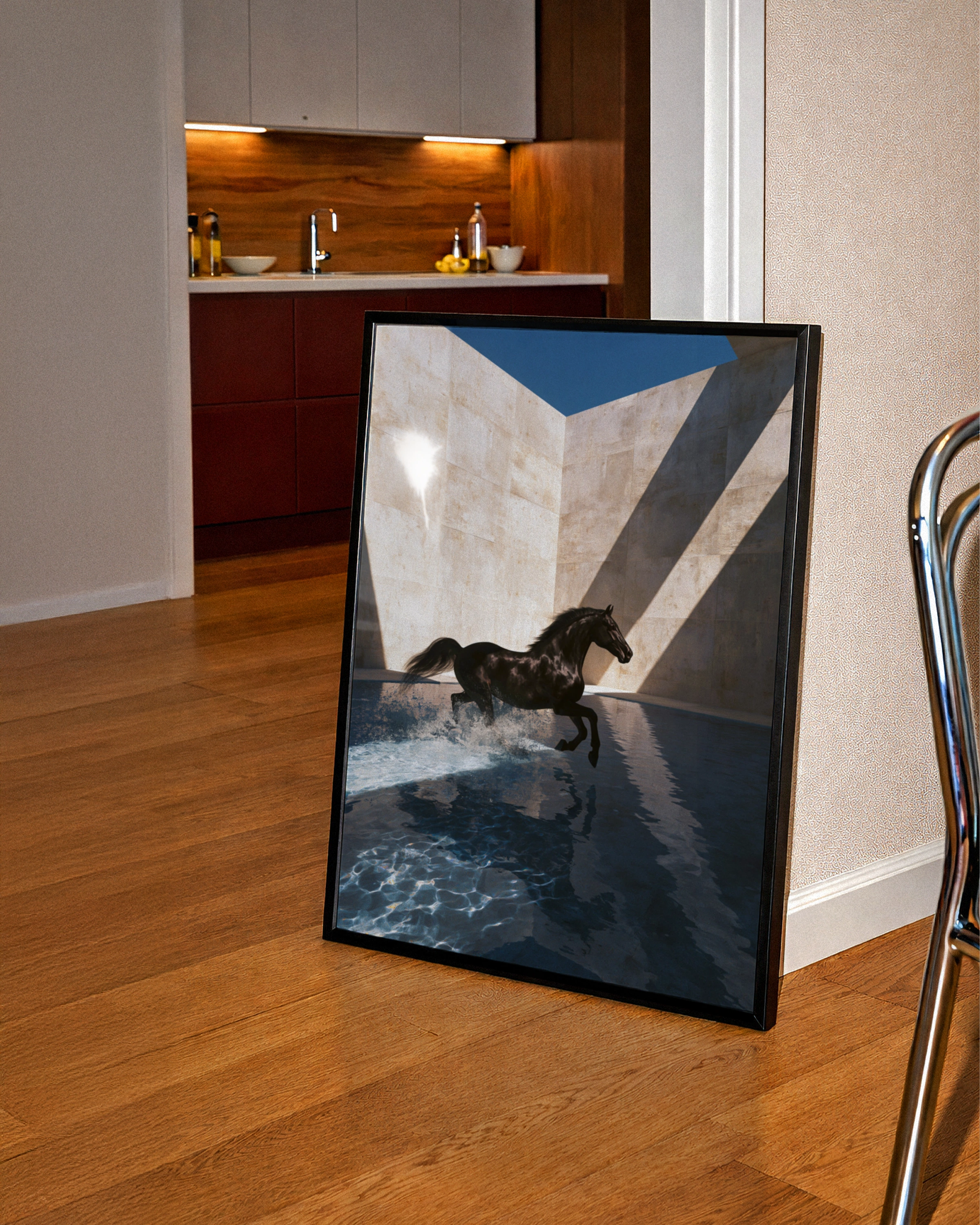 Black Horse Splashing Water, Wall Art Poster, Contemporary Photography Style