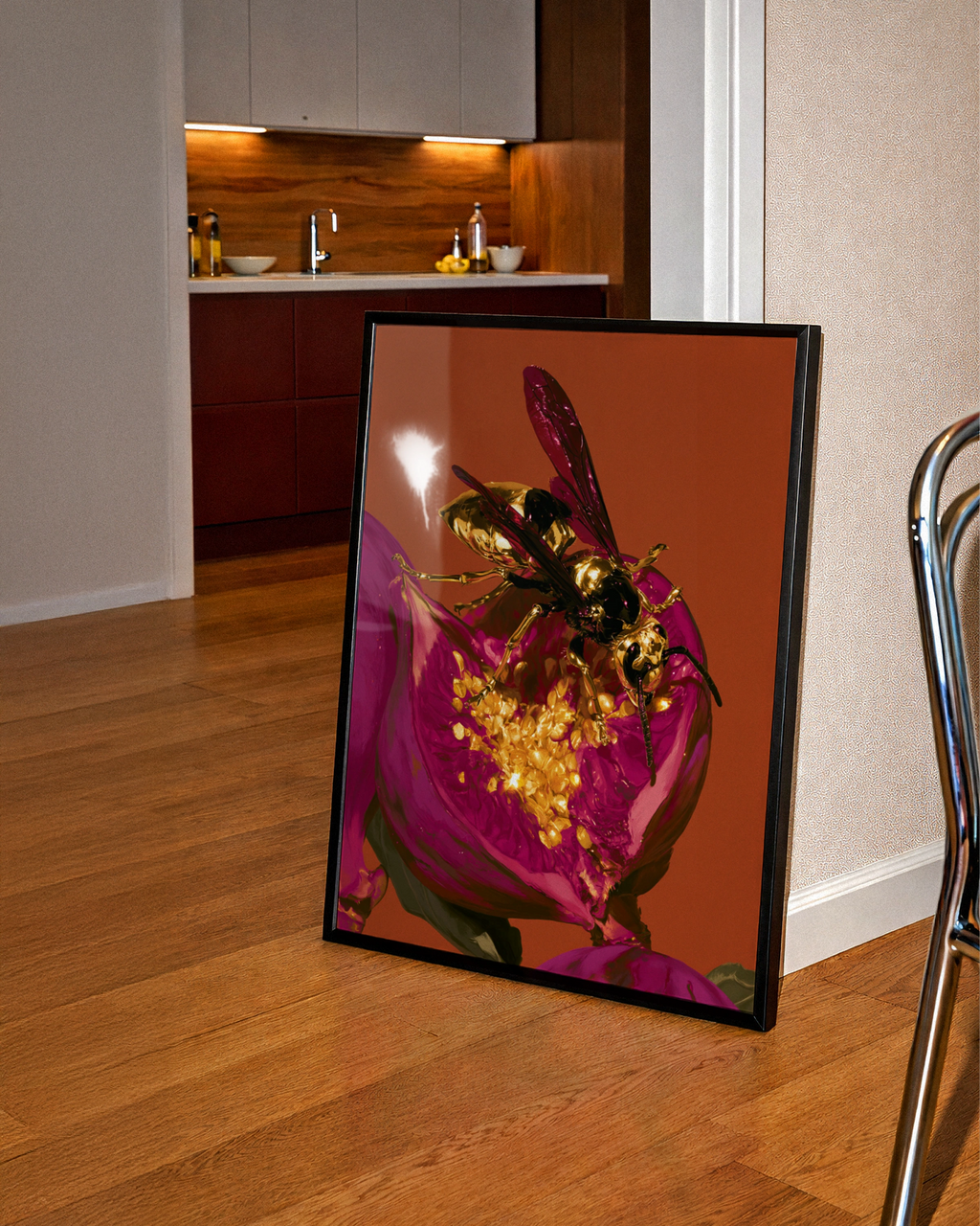 Gold Wasp on Fig Flower Poster, Bold Orange Magenta Wall Art Print