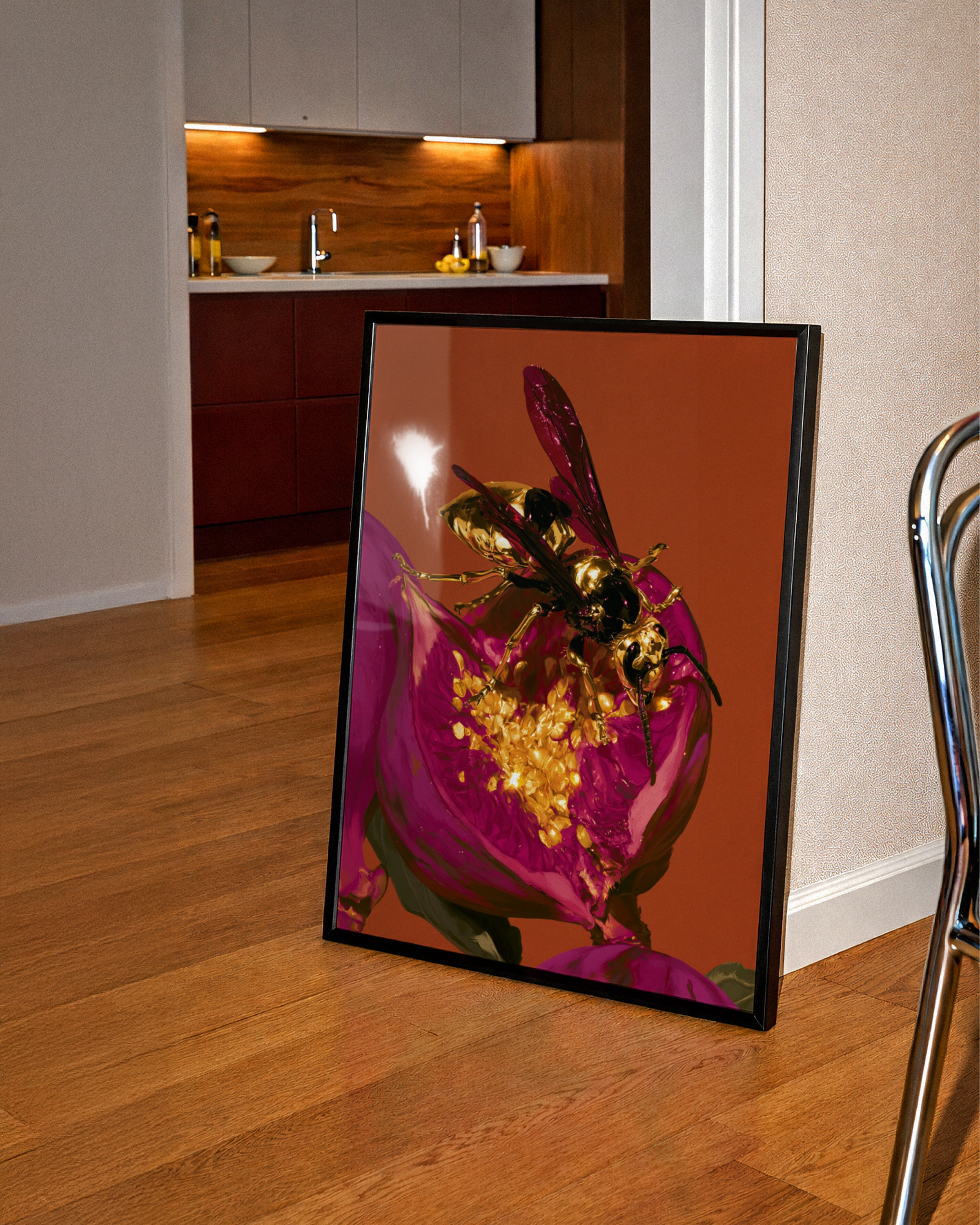Gold Wasp on Fig Flower Poster, Bold Orange Magenta Wall Art Print