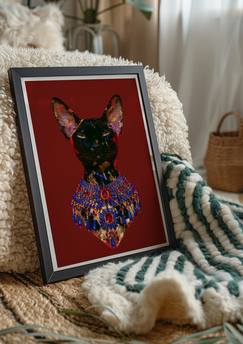 Bastet Egyptian Cat Goddess Poster, Dark Jewelled Art Print, Maximalist Wall Art