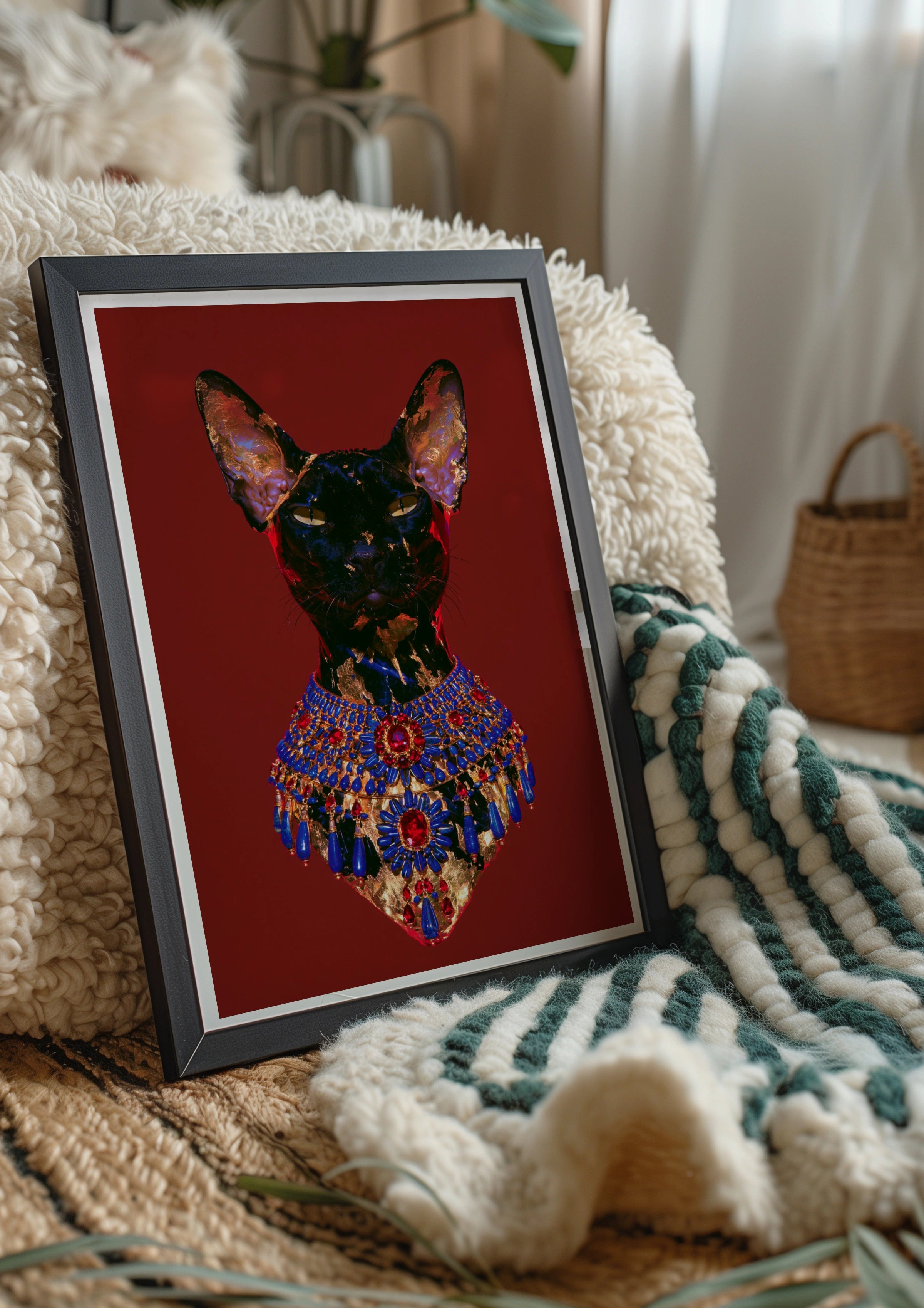 Bastet Egyptian Cat Goddess Poster, Dark Jewelled Art Print, Maximalist Wall Art