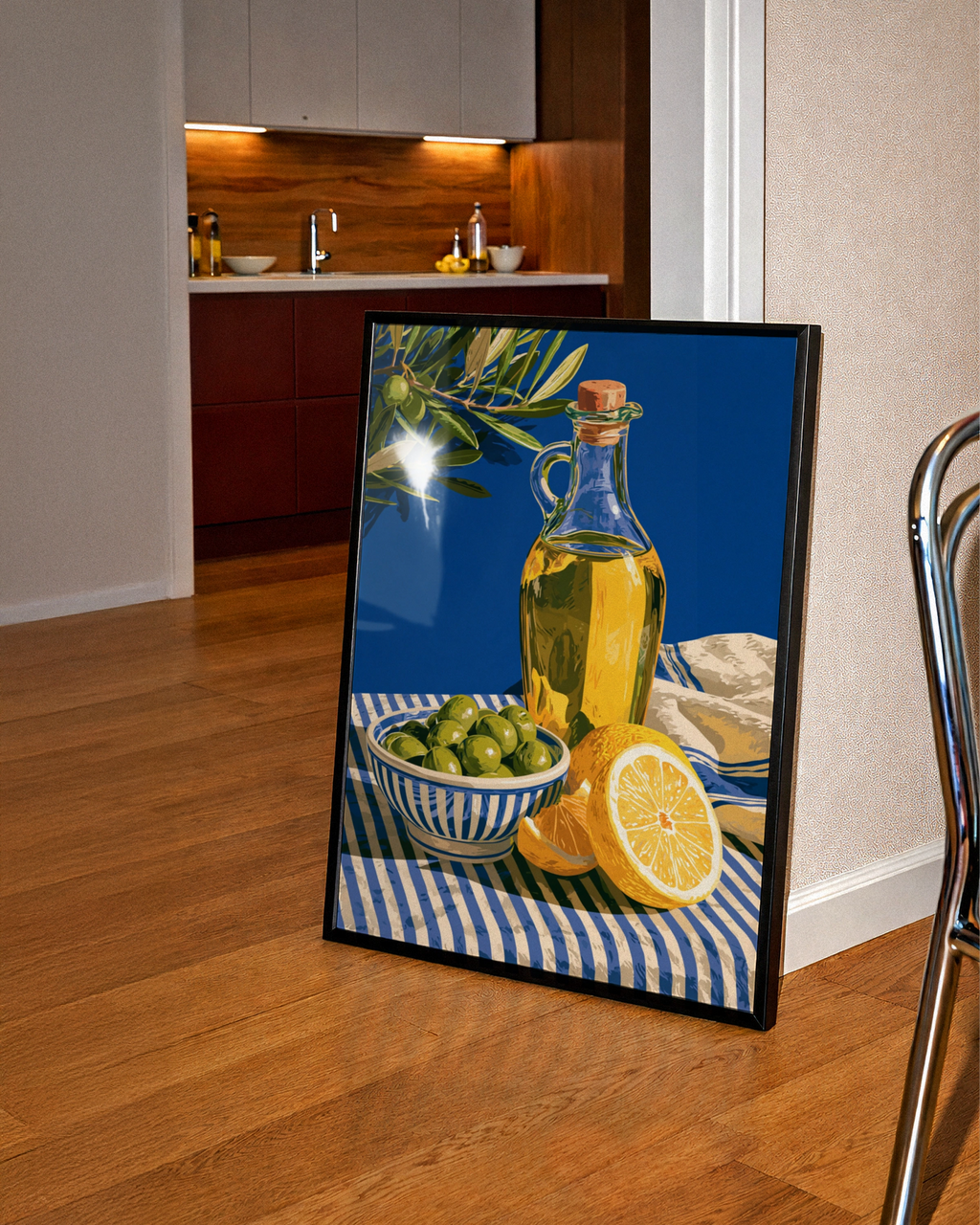 Olive Oil Lemon Still Life Poster, Mediterranean Kitchen Wall Art, Blue