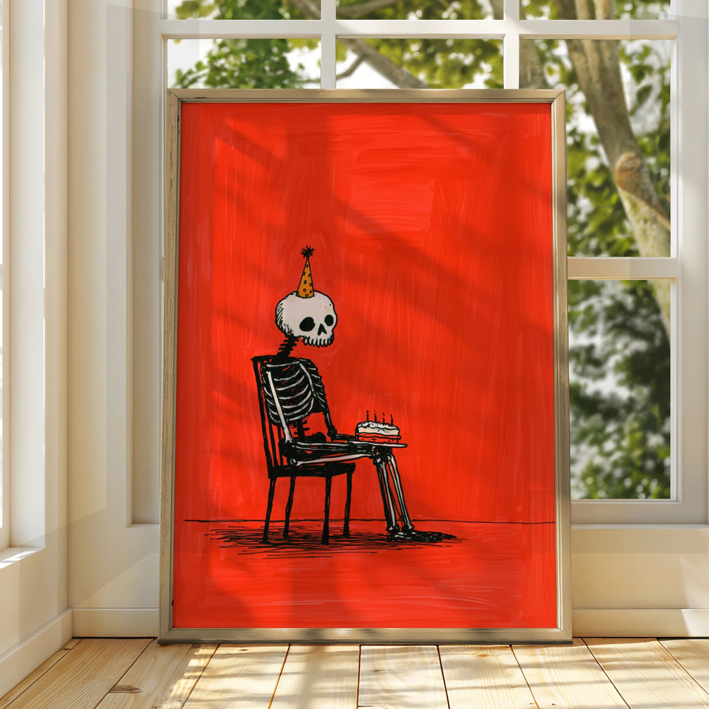 Birthday Skeleton Poster, Party Hat Cake Wall Art, Bold Red Illustration Print
