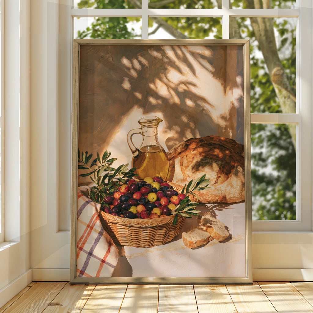 Olives Bread Olive Oil Still Life Poster, Mediterranean Kitchen Wall Art, Sun-Drenched Oil Painting Print