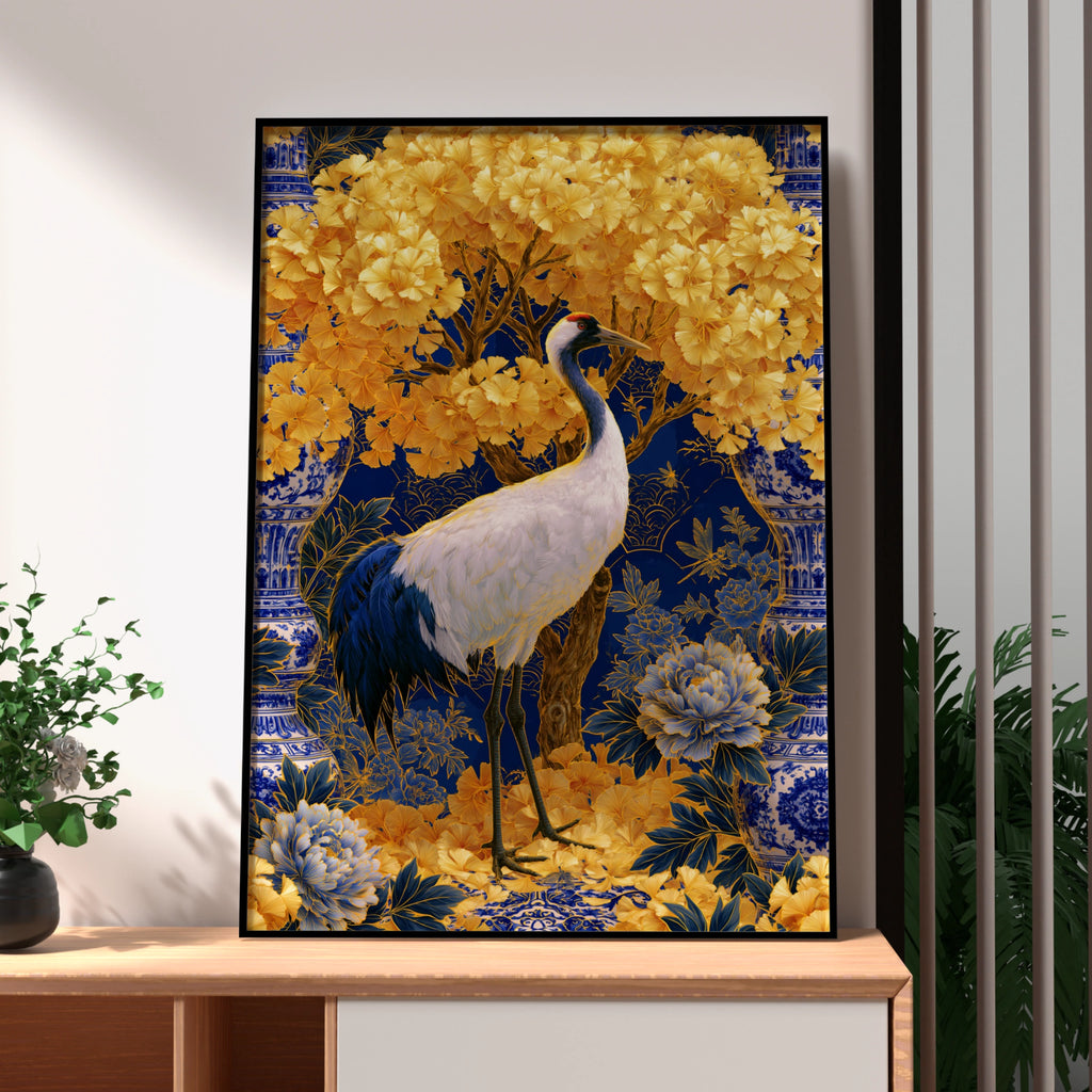 Chinoiserie Crane Gold Poster, Blue Navy Floral Wall Art, Oriental Bird Print