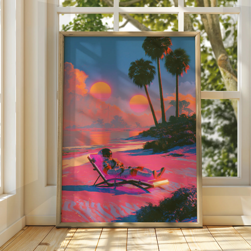 Astronaut on Sun Lounger Beach Poster, Retro Sci-Fi Wall Art, Vaporwave Print