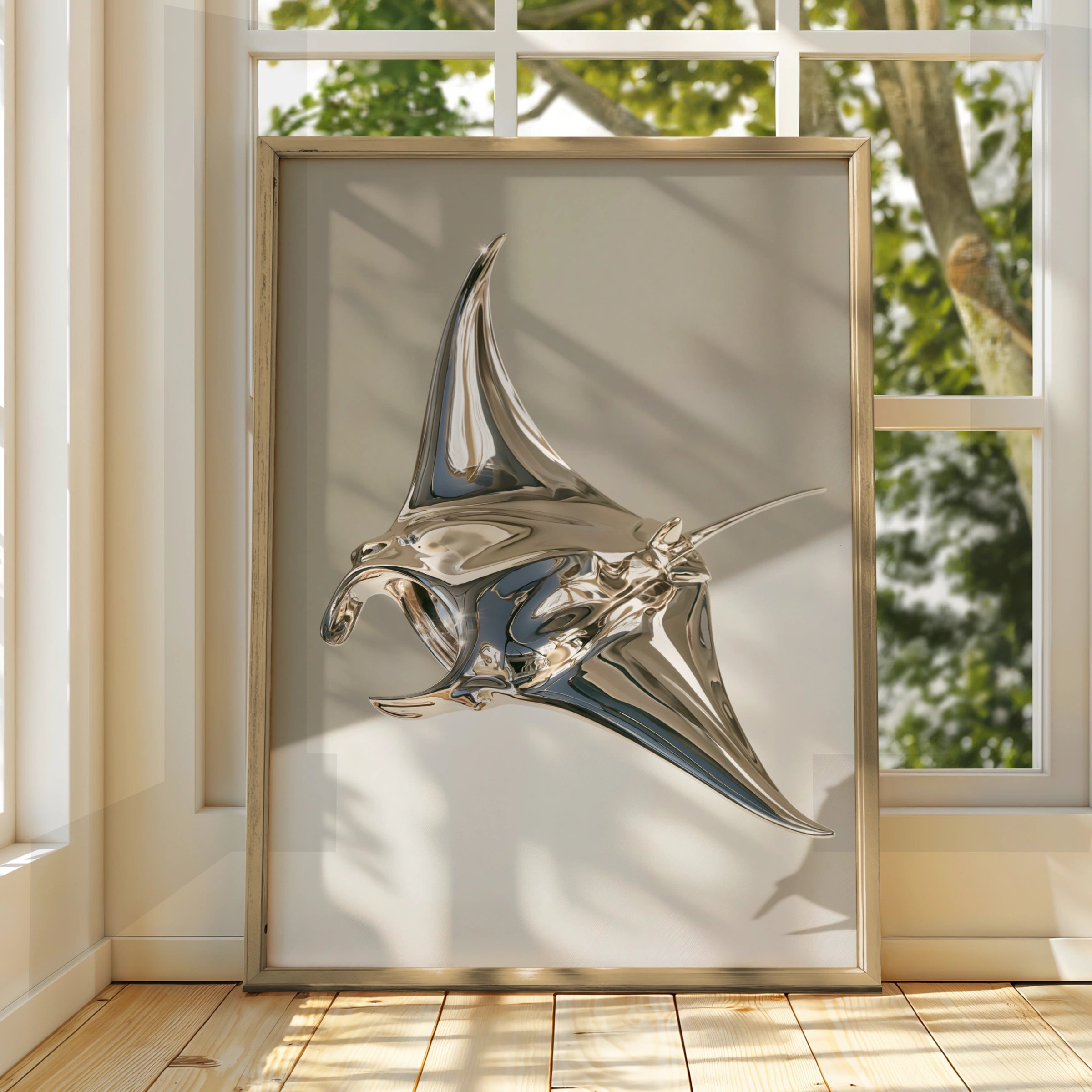 Manta Ray Poster, Chrome Sculpture Art Print, Modern Minimalist Style