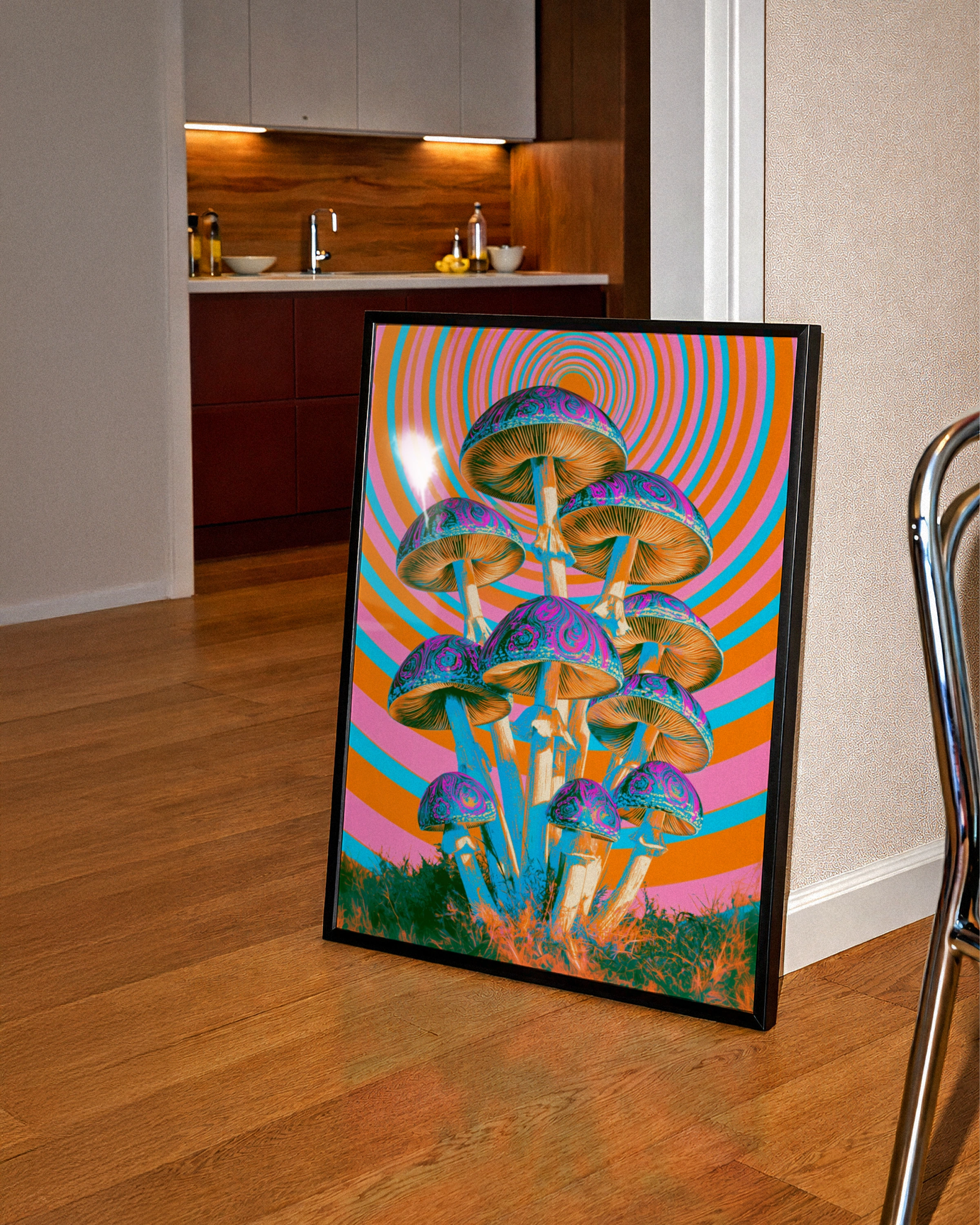Psychedelic Mushroom Poster, Retro Trippy Wall Art, Orange Pink Groovy Print
