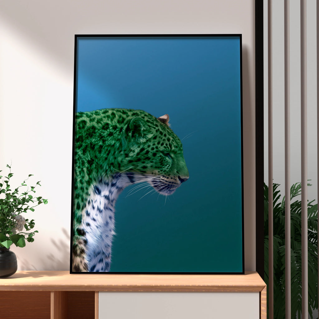 Green Leopard Abstract Poster, Bold Wild Cat Print, Teal Blue Wall Art