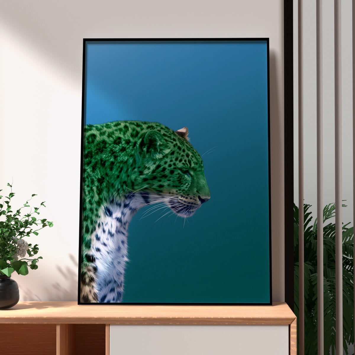 Green Leopard Abstract Poster, Bold Wild Cat Print, Teal Blue Wall Art
