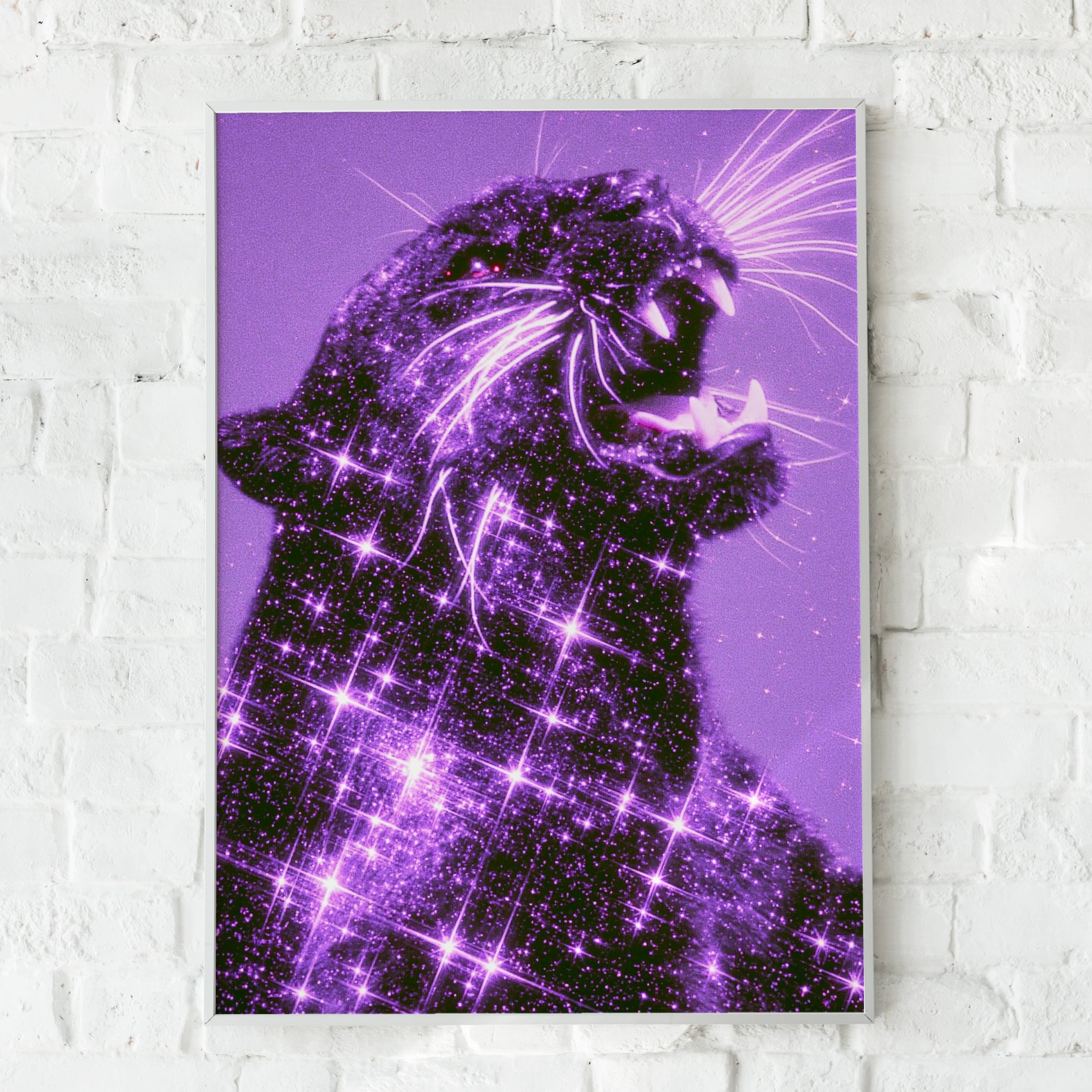 Black Panther Star Purple Poster, Glitter Big Cat Wall Art, Bold Maximalist Print