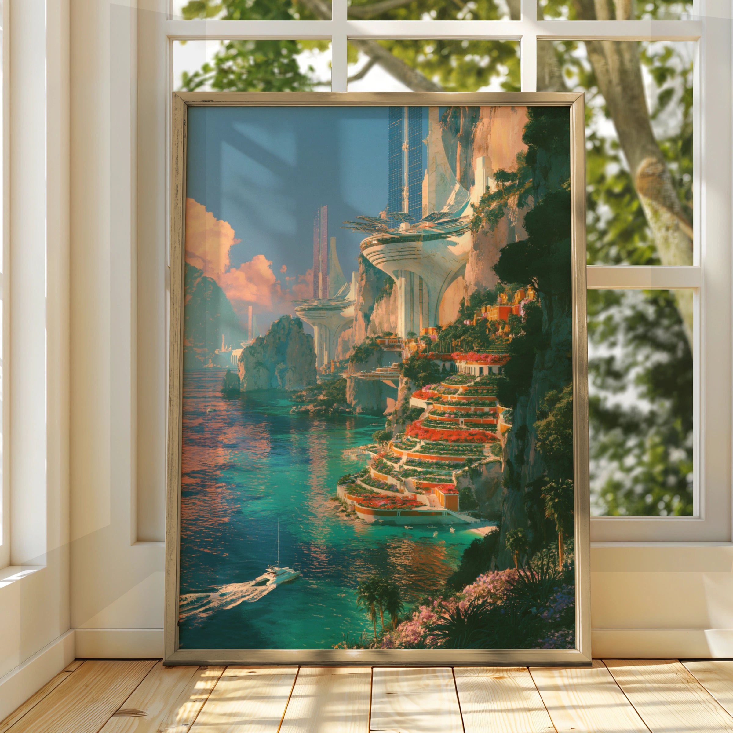 Futuristic Coastal City Poster, Sky Sea Cliffs, Sci-Fi Architecture Print