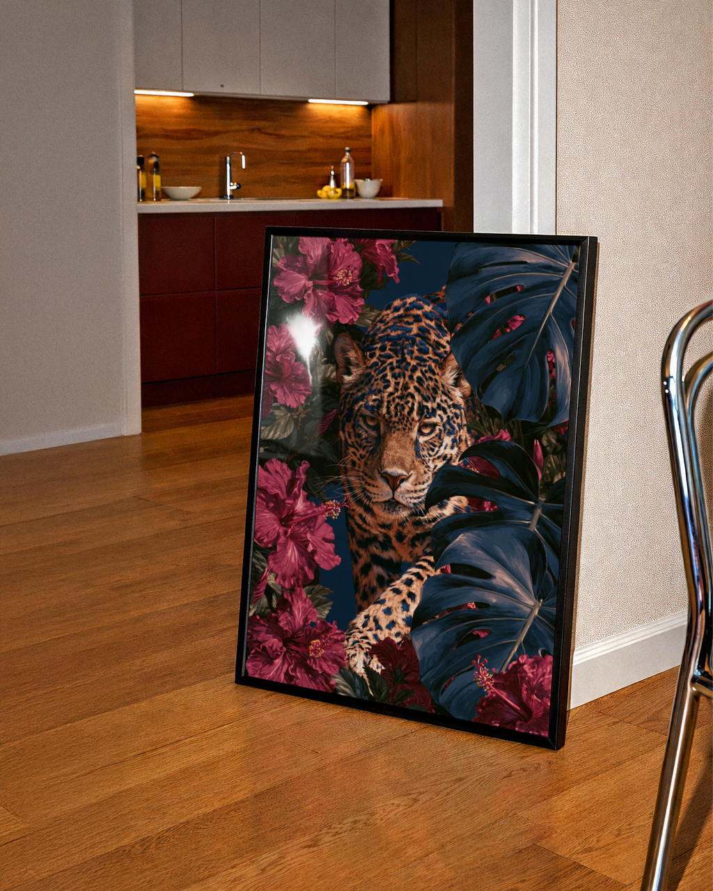Jaguar Hibiscus Monstera Poster, Tropical Wildlife Wall Art Print