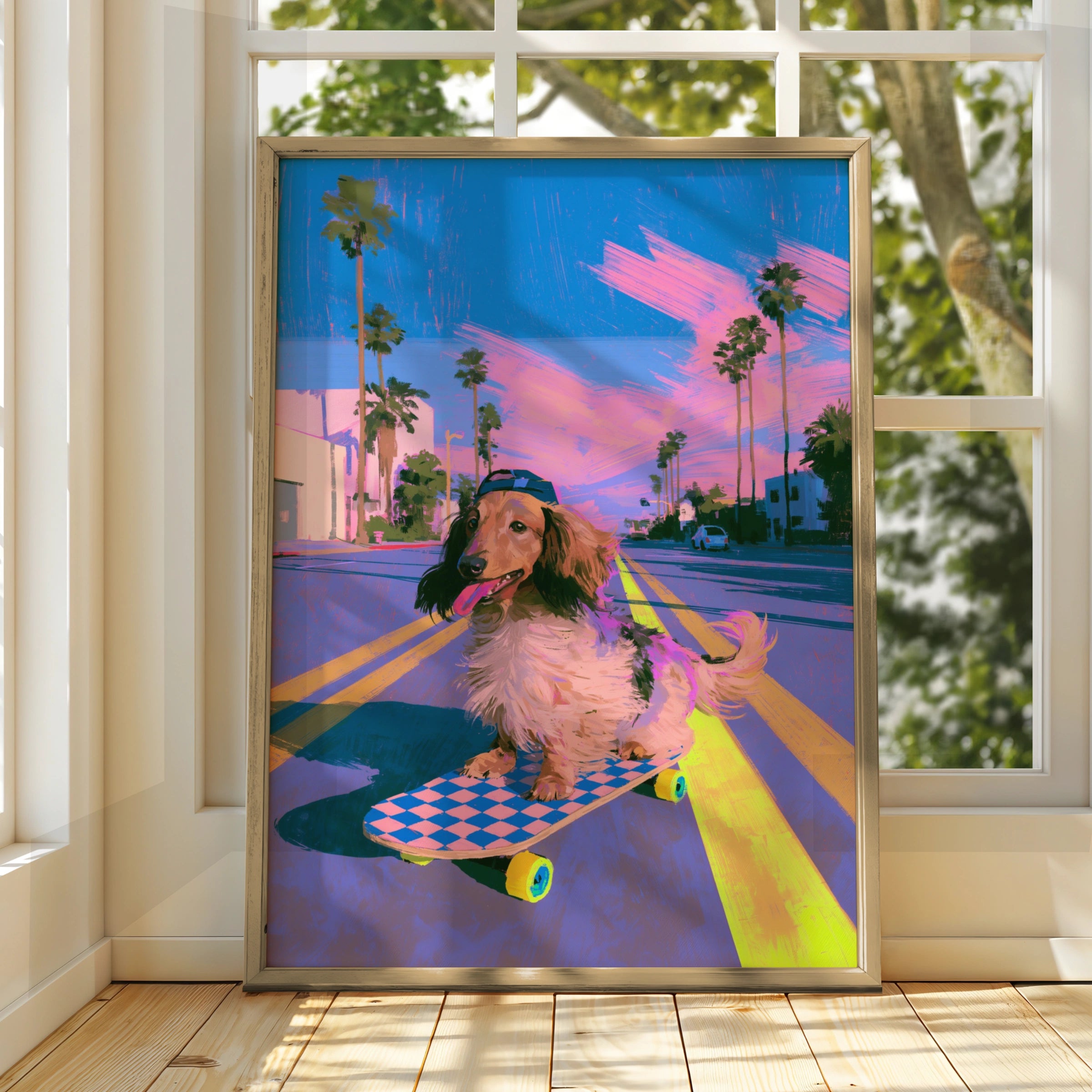 Dachshund Skateboard Poster, Sausage Dog Wall Art, Retro Vaporwave Print