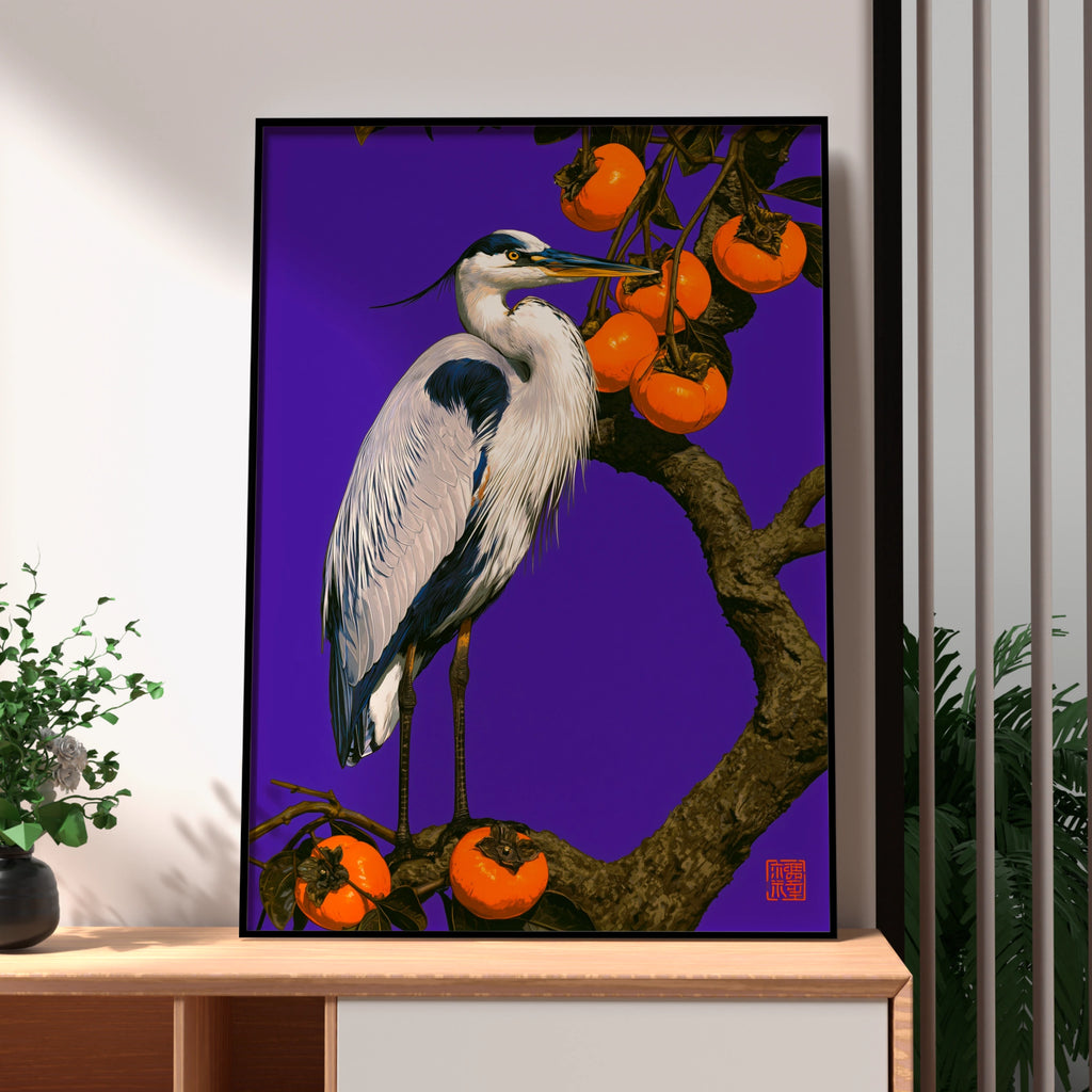 Heron & Persimmon Tree Poster, Japanese Bird Art, Bold Purple Wall Print