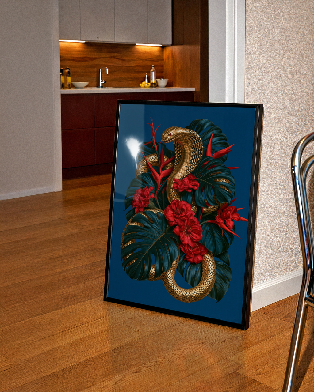 Gold Cobra Snake Monstera Flowers Poster, Tropical Botanical Wall Art Print