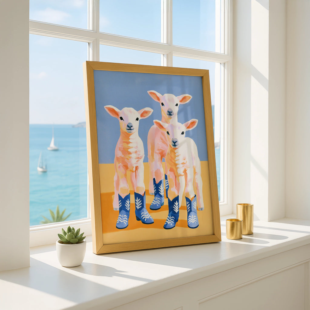 Lambs in Cowboy Boots Poster, Funny Sheep Wall Art, Quirky Animal Print