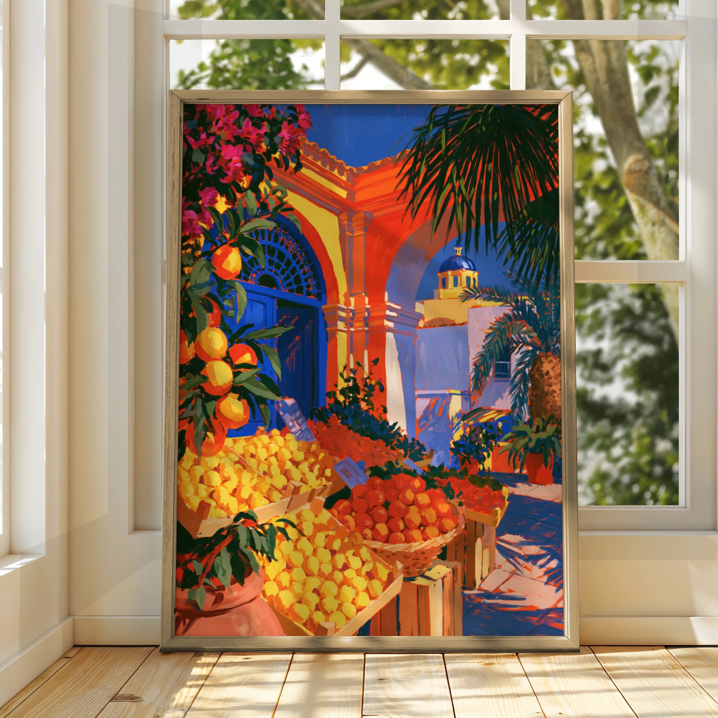 Mediterranean Market Lemons Oranges Poster, Colourful Fruit Stall Wall Art