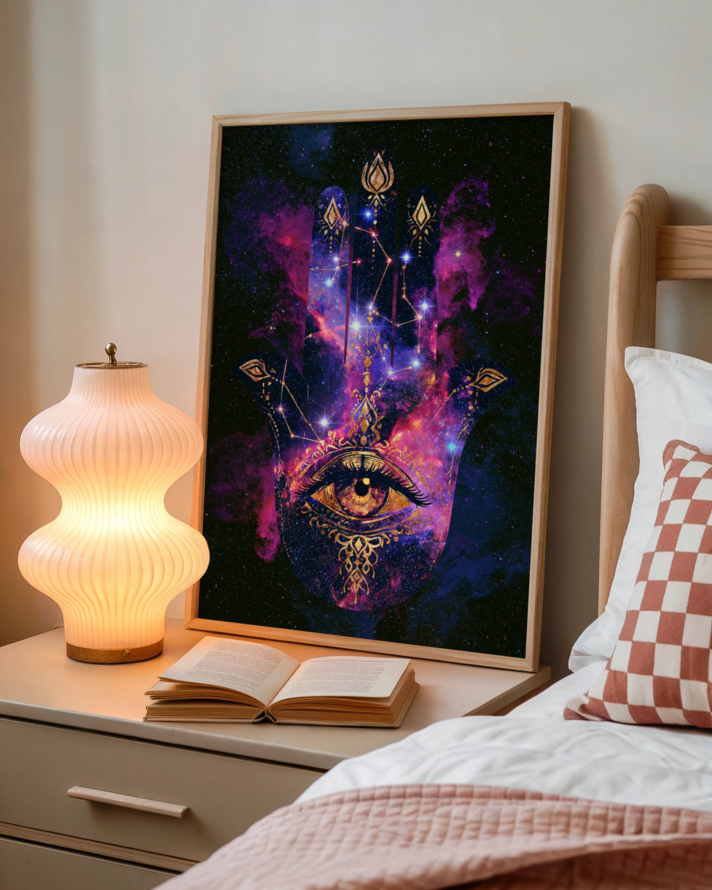 Hamsa Hand Cosmic Galaxy Poster, All-Seeing Eye, Spiritual Wall Art