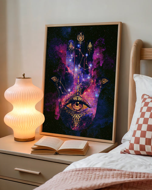 Hamsa Hand Cosmic Galaxy Poster, All-Seeing Eye, Spiritual Wall Art
