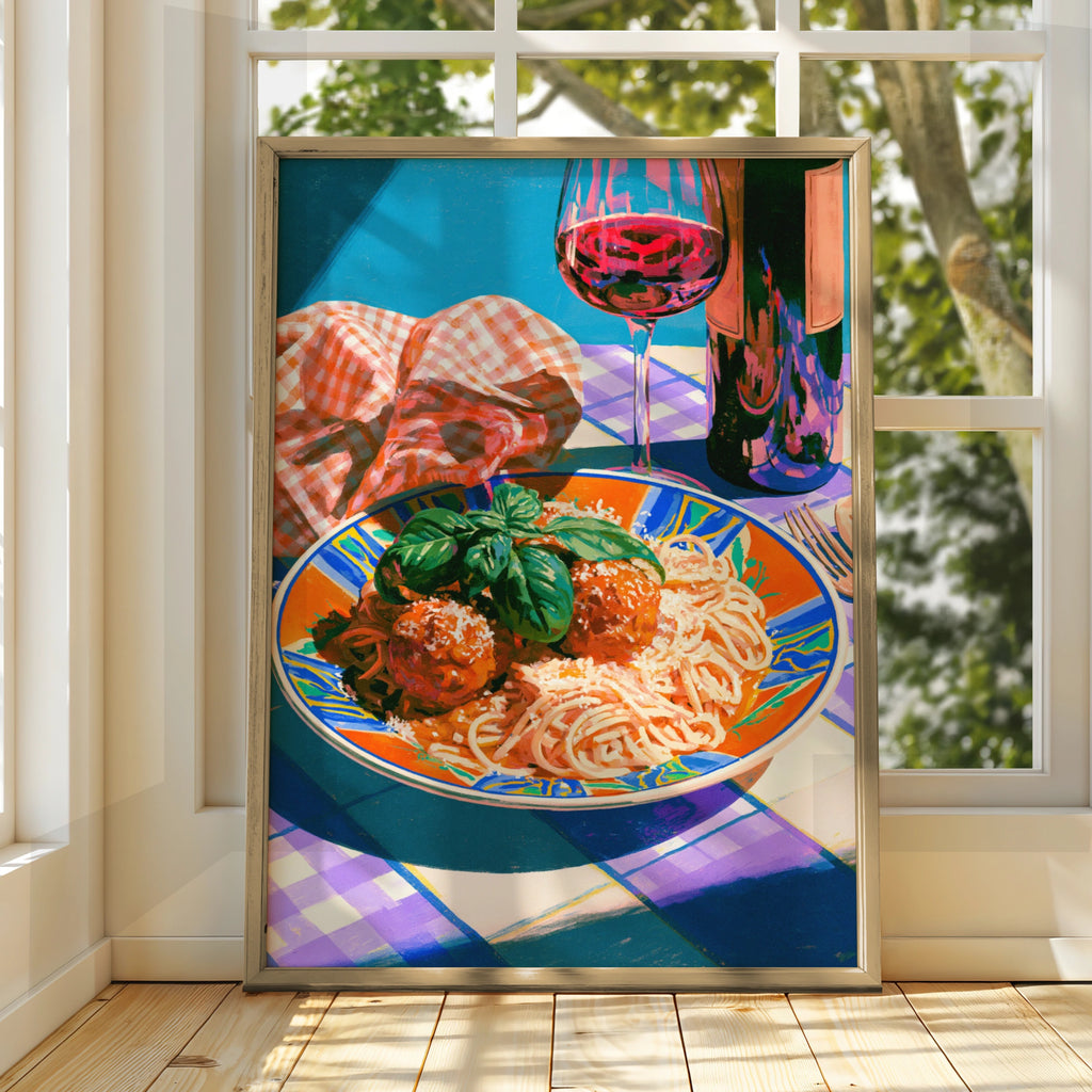 Pasta Meatballs Italian Food Poster, Spaghetti Wall Art, Colourful Kitchen Print