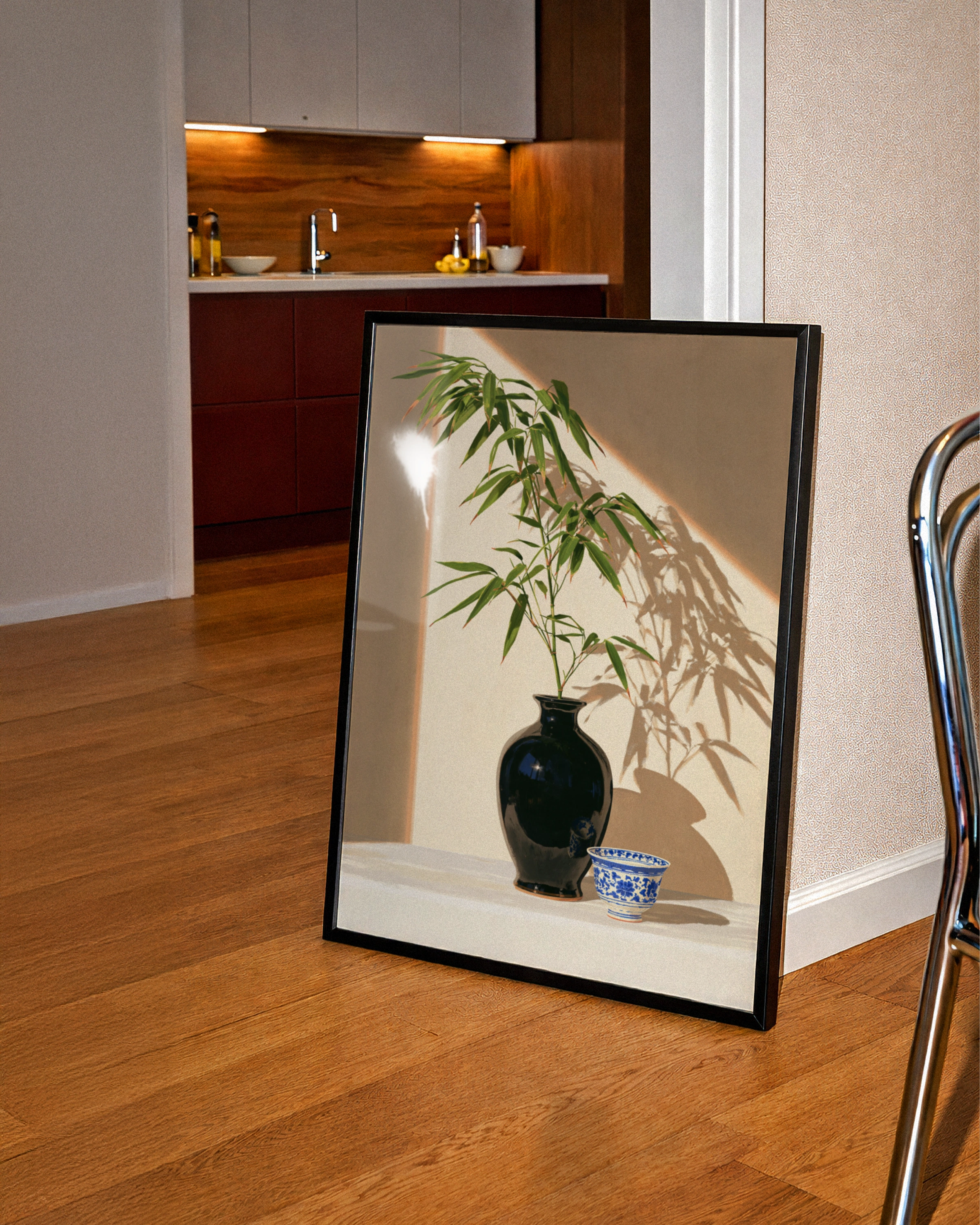Black Porcelain Vase Bamboo Still Life Poster, Asian Botanical Wall Art Print