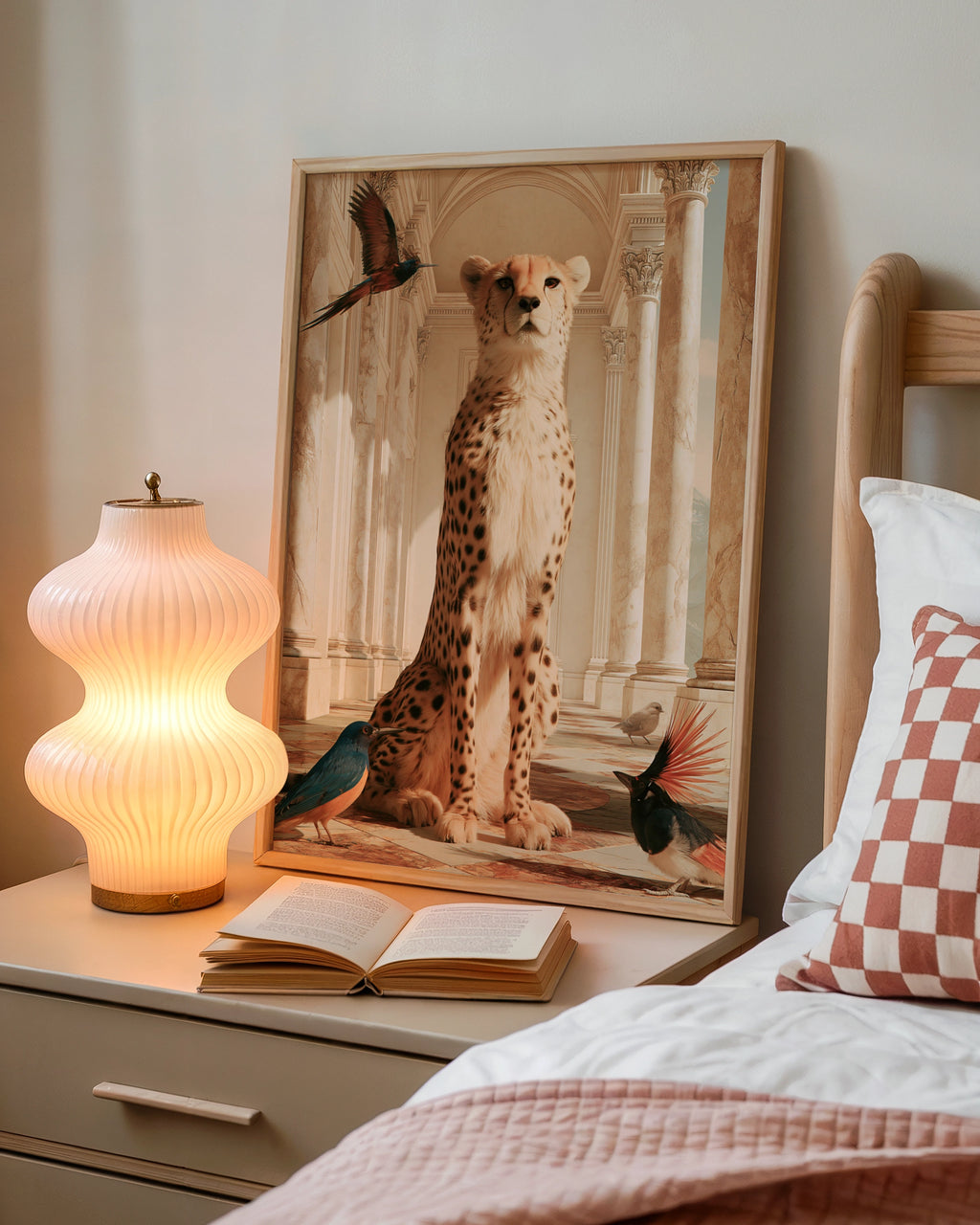 Cheetah & Birds in Marble Hall, Animal Wall Art Poster, Surreal