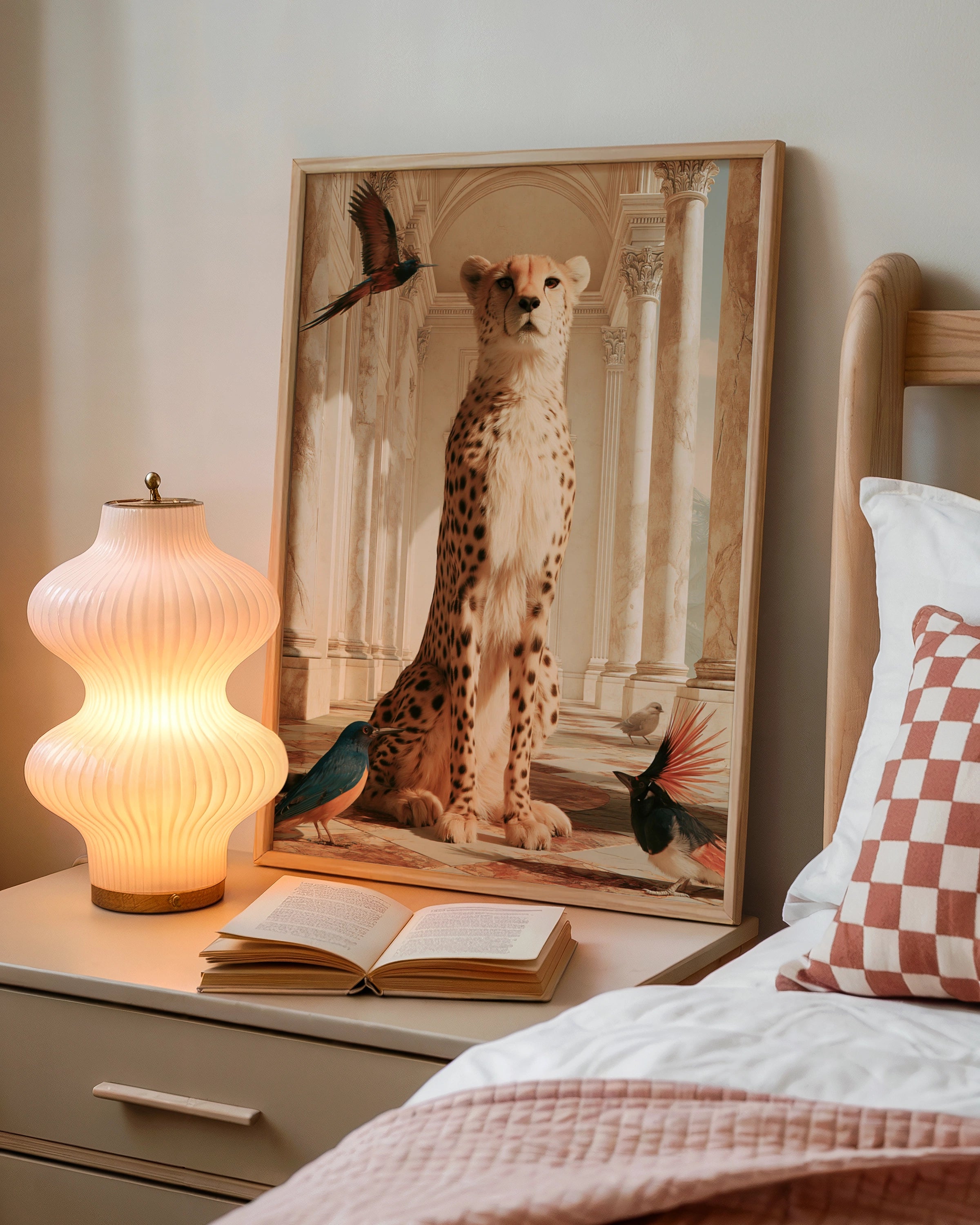 Cheetah & Birds in Marble Hall, Animal Wall Art Poster, Surreal