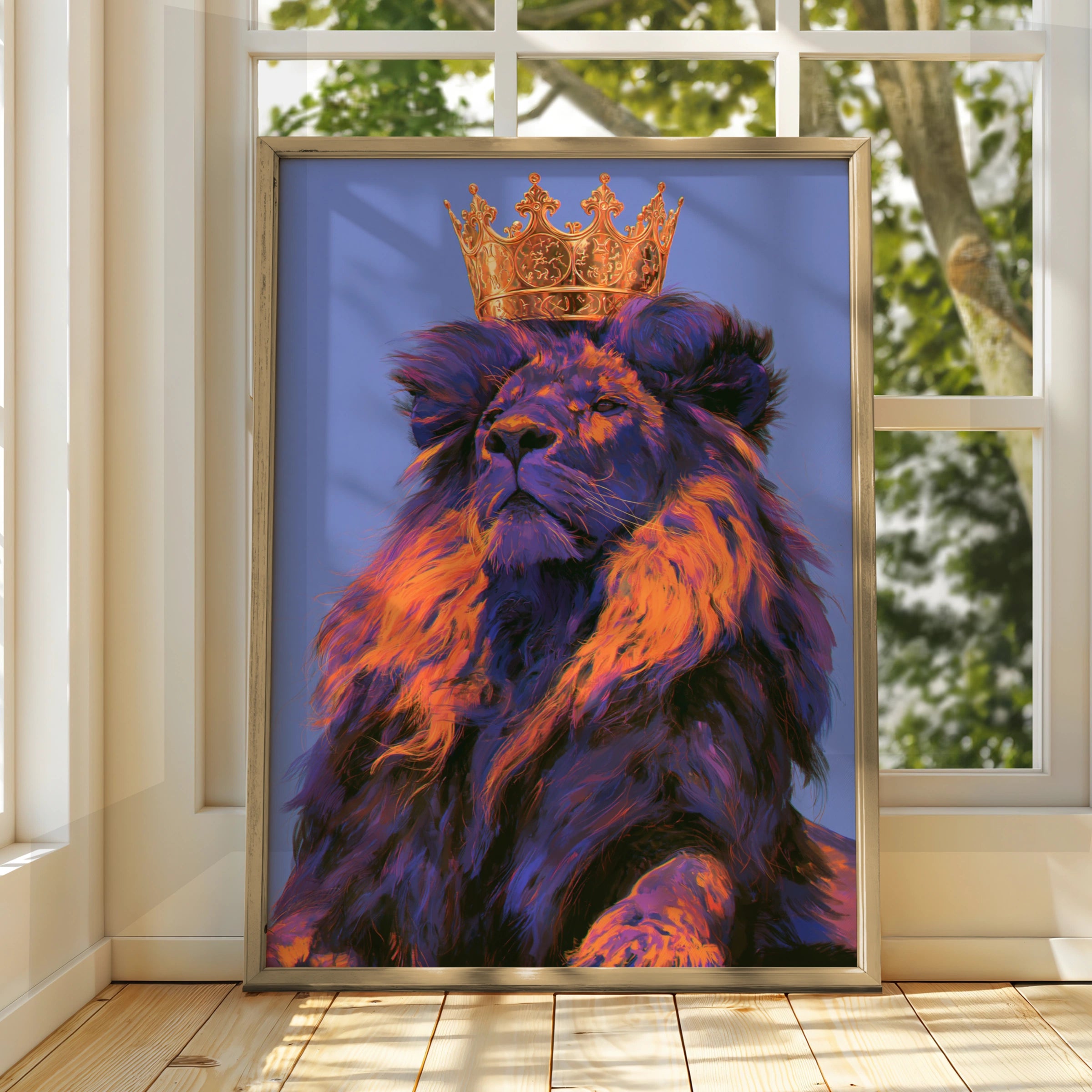Lion Crown Purple Wall Art Poster, King of the Jungle, Bold Colourful Print