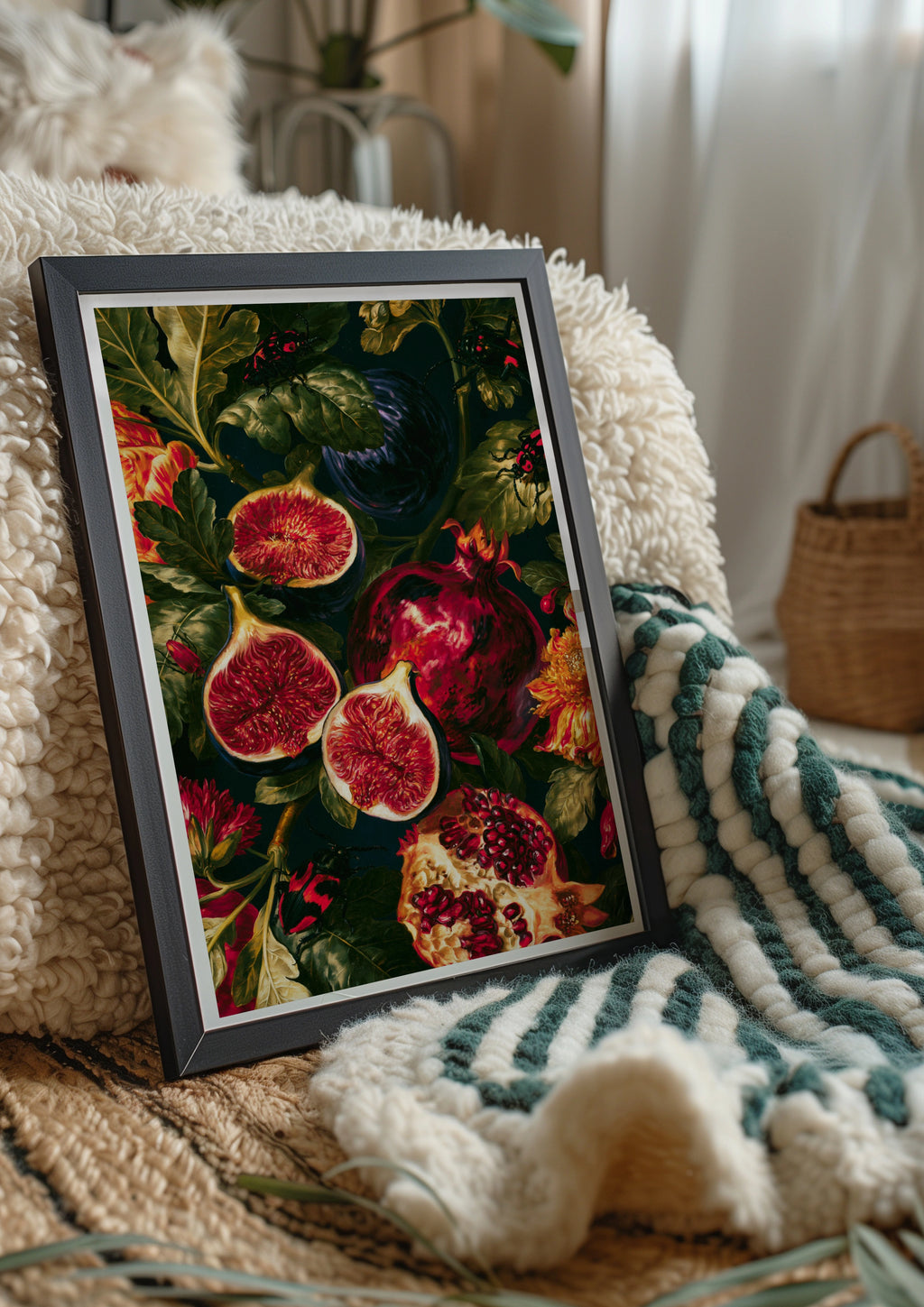 Figs & Pomegranate Still Life Poster, Dark Botanical Wall Art Print