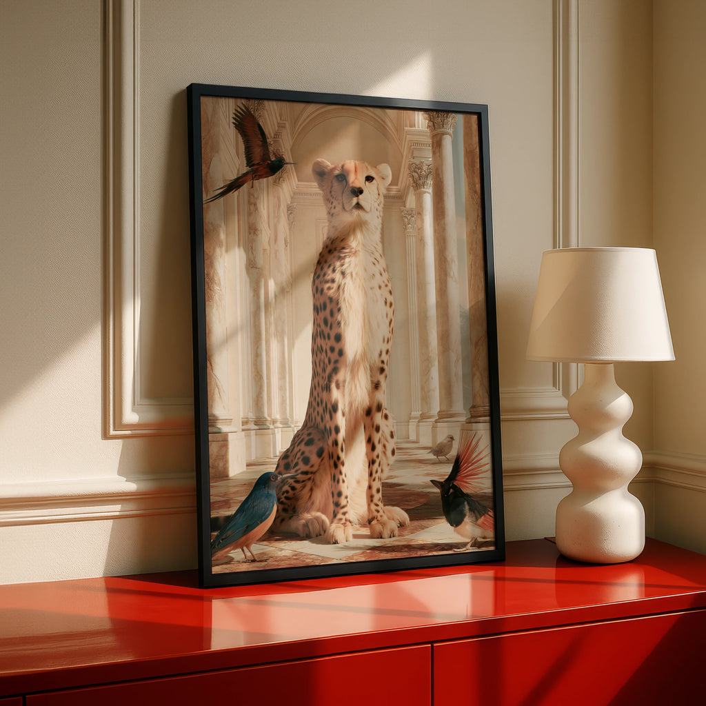 Cheetah & Birds in Marble Hall, Animal Wall Art Poster, Surreal