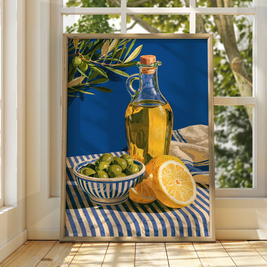 Olive Oil Lemon Still Life Poster, Mediterranean Kitchen Wall Art, Blue