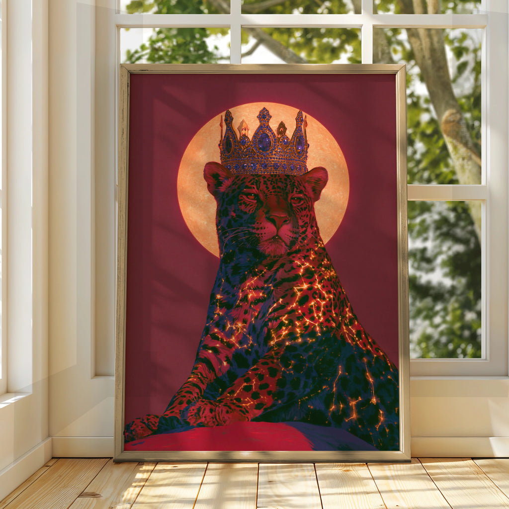 Crowned Jaguar Wall Art Poster, Crimson Moon Big Cat Print, Bold Animal Art