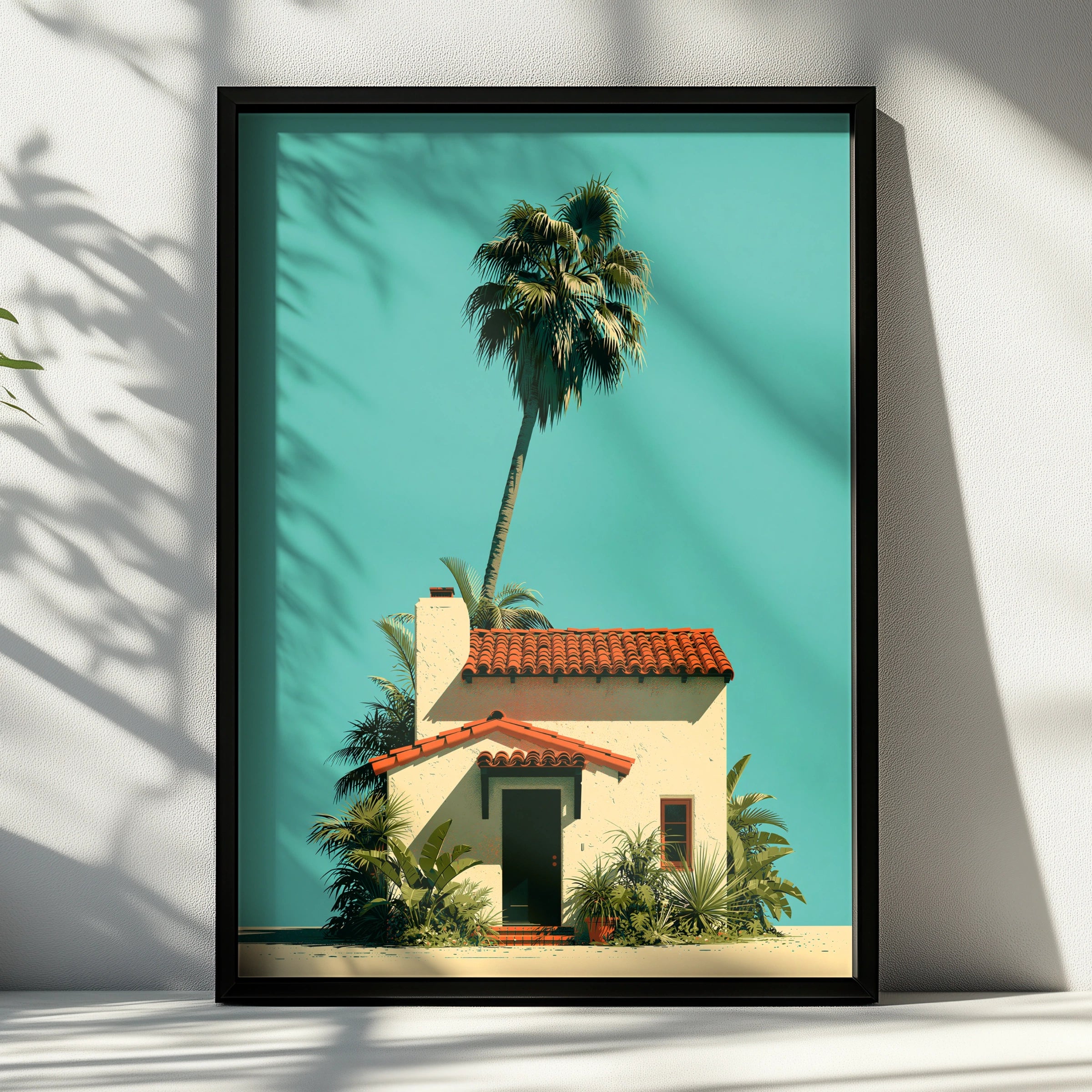 Solitary Palm Tree Spanish House Poster, Minimalist Tropical Architecture Print