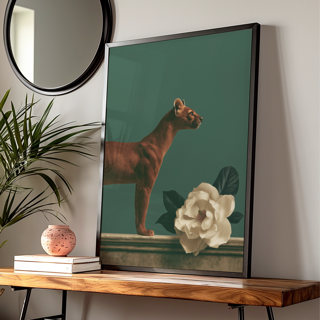 Fossa & Magnolia Poster, Dark Green Animal Wall Art, Botanical Print