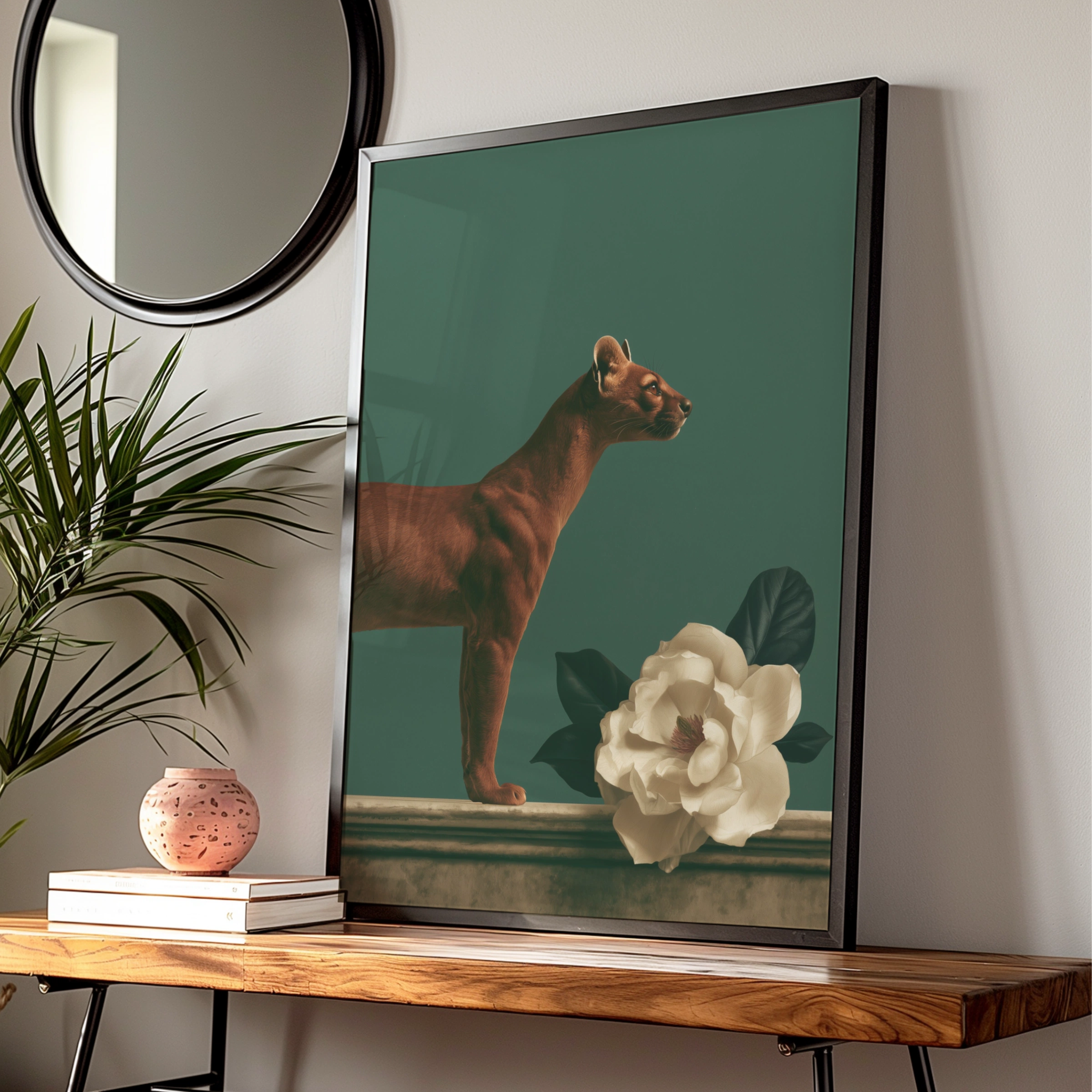 Fossa & Magnolia Poster, Dark Green Animal Wall Art, Botanical Print