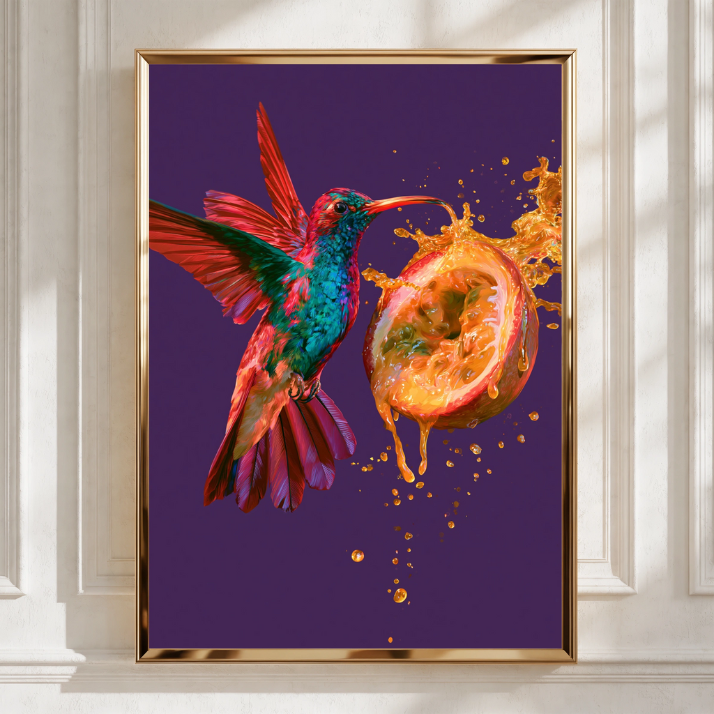 Hummingbird Passion Fruit Wall Art Poster, Vibrant Tropical Bird Print