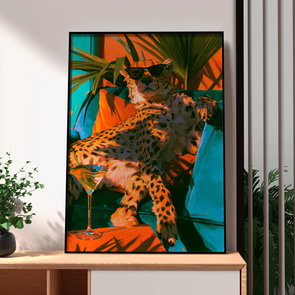 Relaxing Cheetah Sunglasses Martini Poster, Tropical Bold Colour Art Print